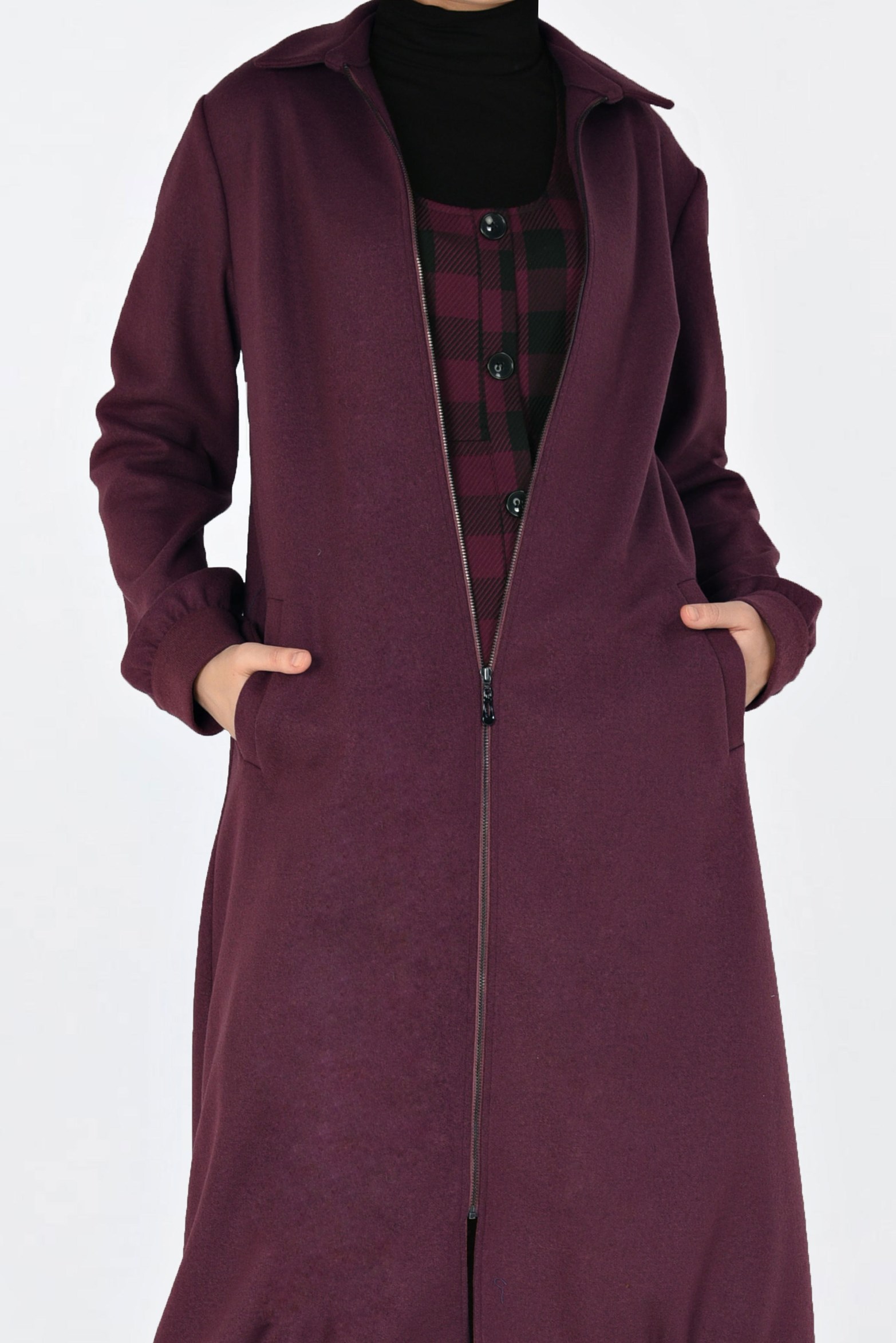 Tesettür giyim PEMBE BOYDAN FERMUARLI KAŞE KABAN 4822