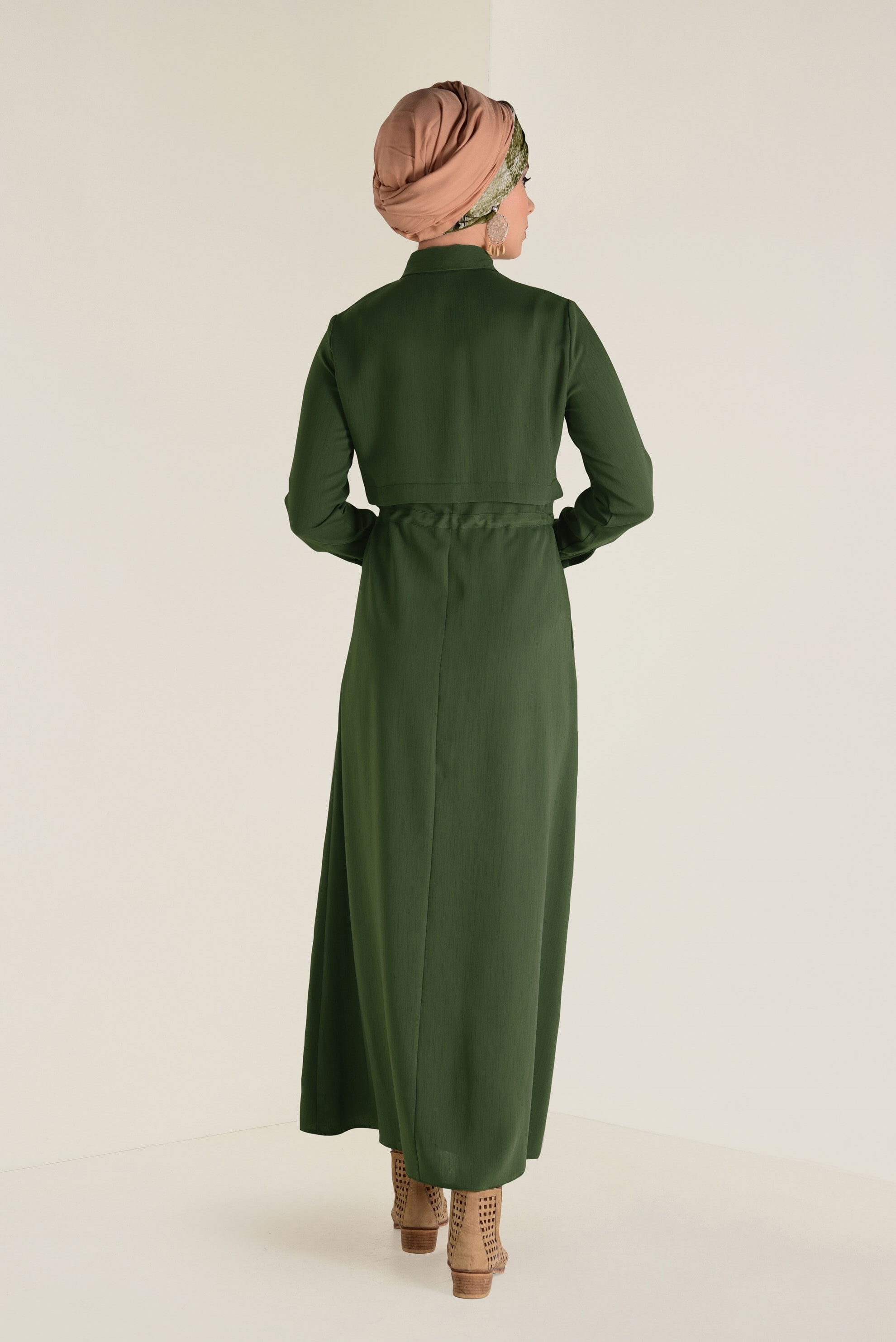 Tesettür giyim HAKİ BELİ BÜZGÜLÜ CEPLİ ELBİSE 4283