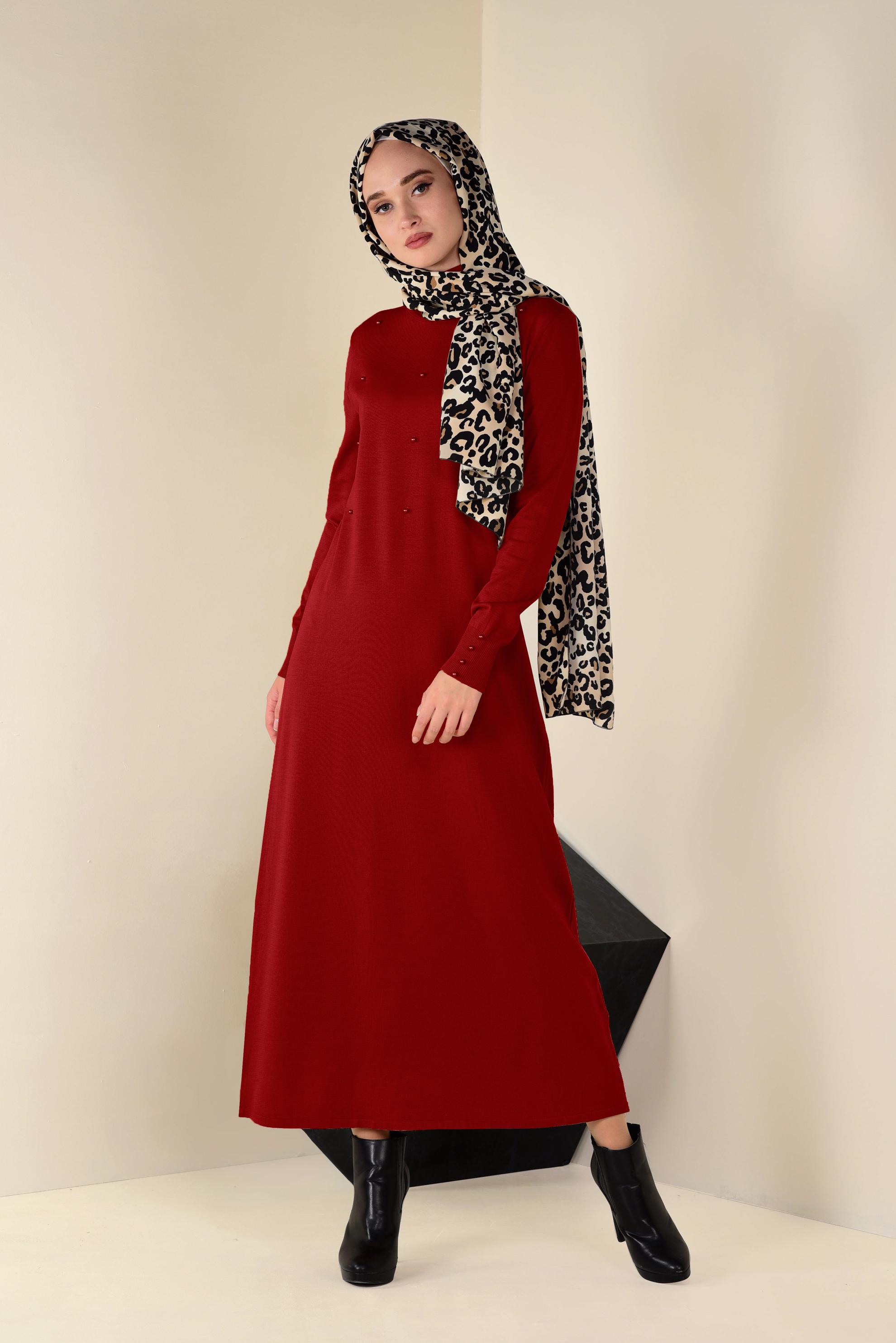 Tesettür giyim KIRMIZI İNCİLİ TRİKO ELBİSE 4520 