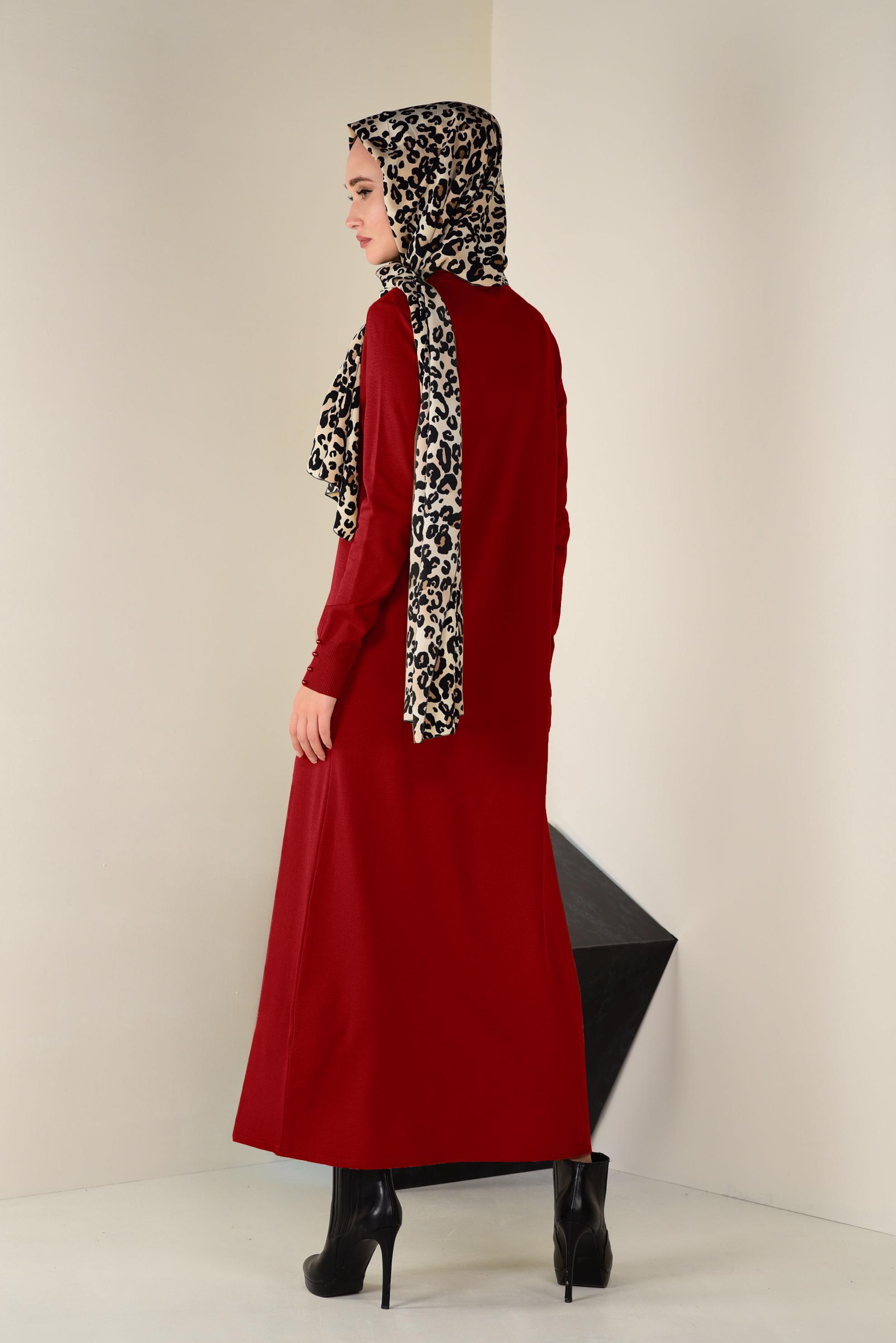 Tesettür giyim KIRMIZI İNCİLİ TRİKO ELBİSE 4520 