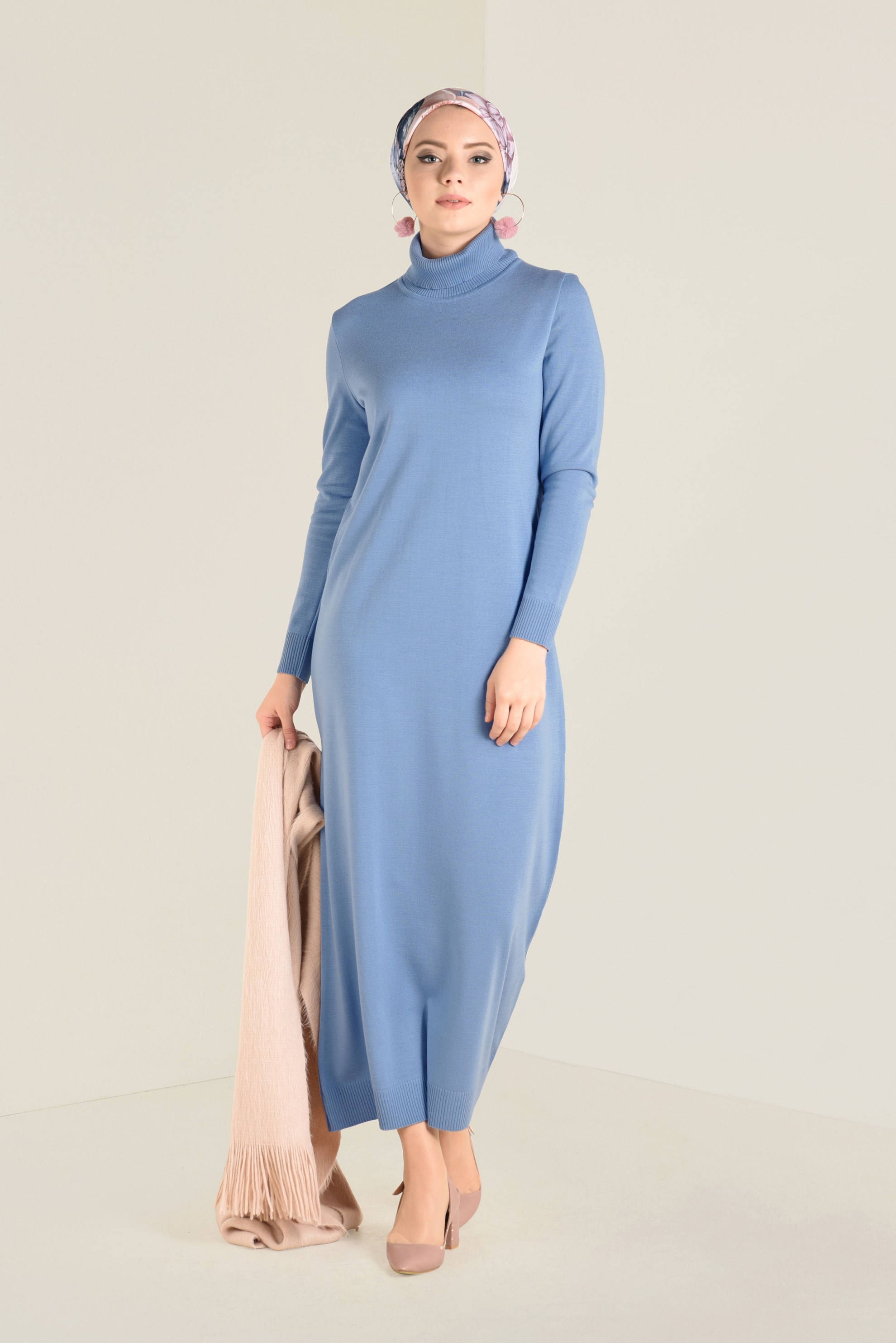 Tesettür giyim MAVİ TRİKO ELBİSE 4527 