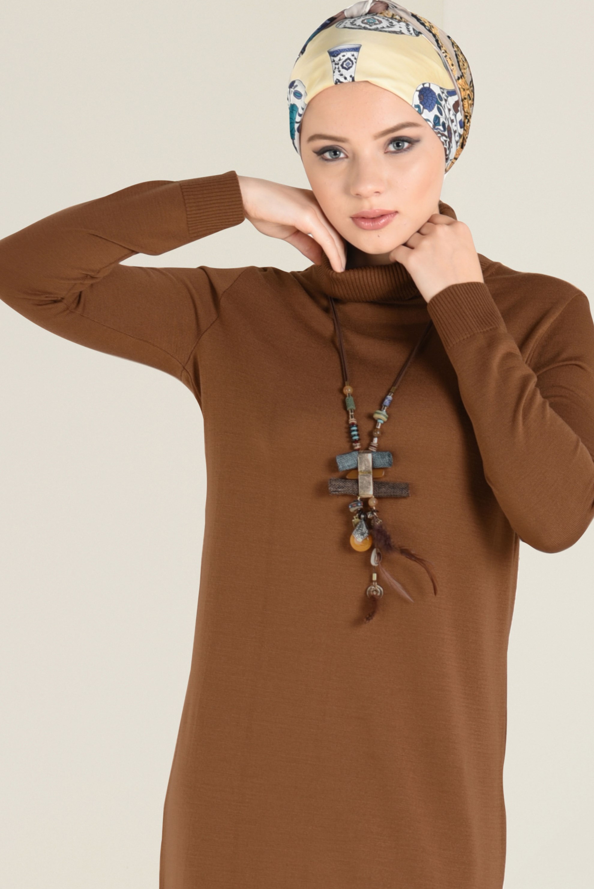 Tesettür giyim SARI TRİKO ELBİSE 4527 