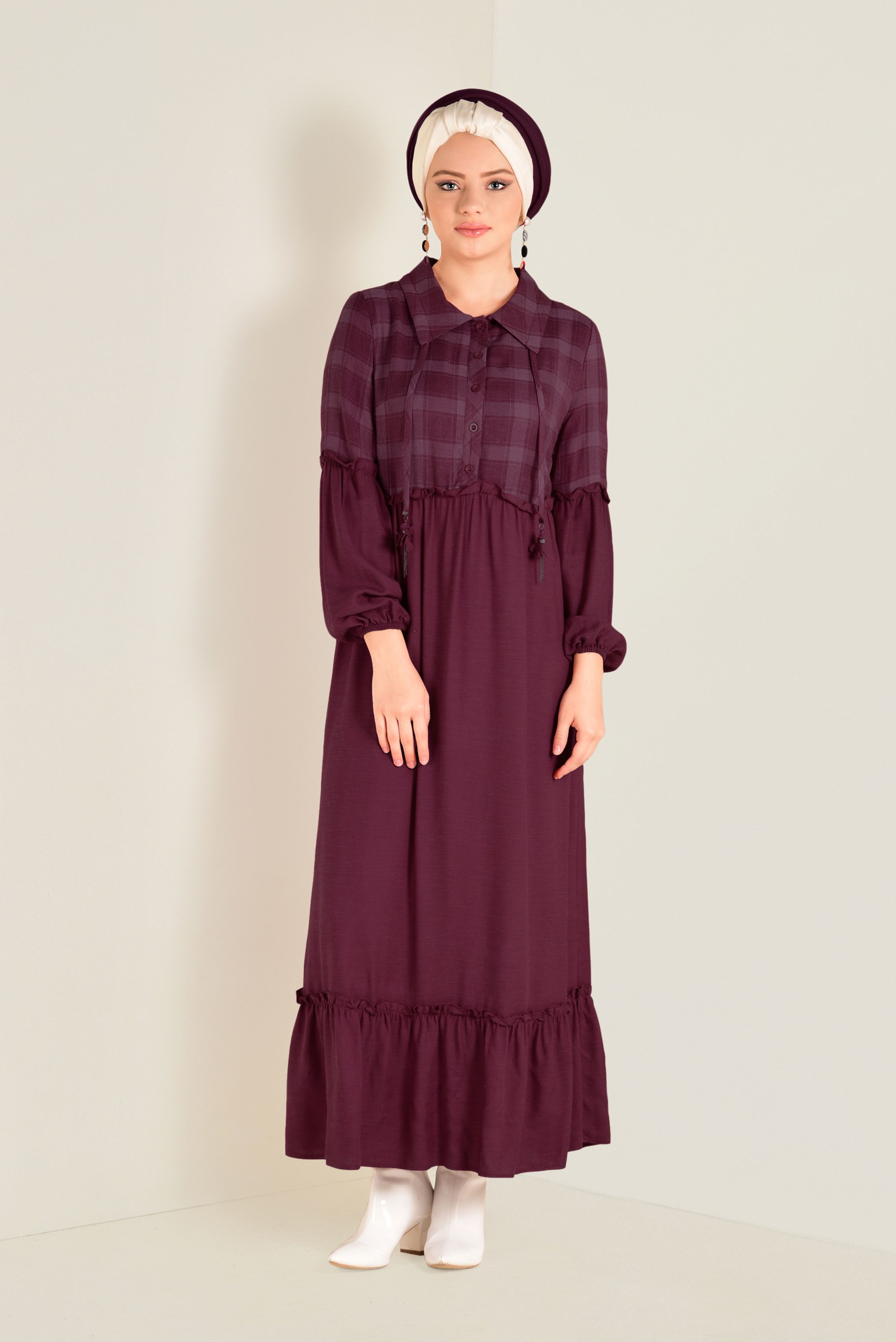 Tesettür giyim BORDO ETEK UCU VOLANLI EKOSELİ ELBİSE 4566