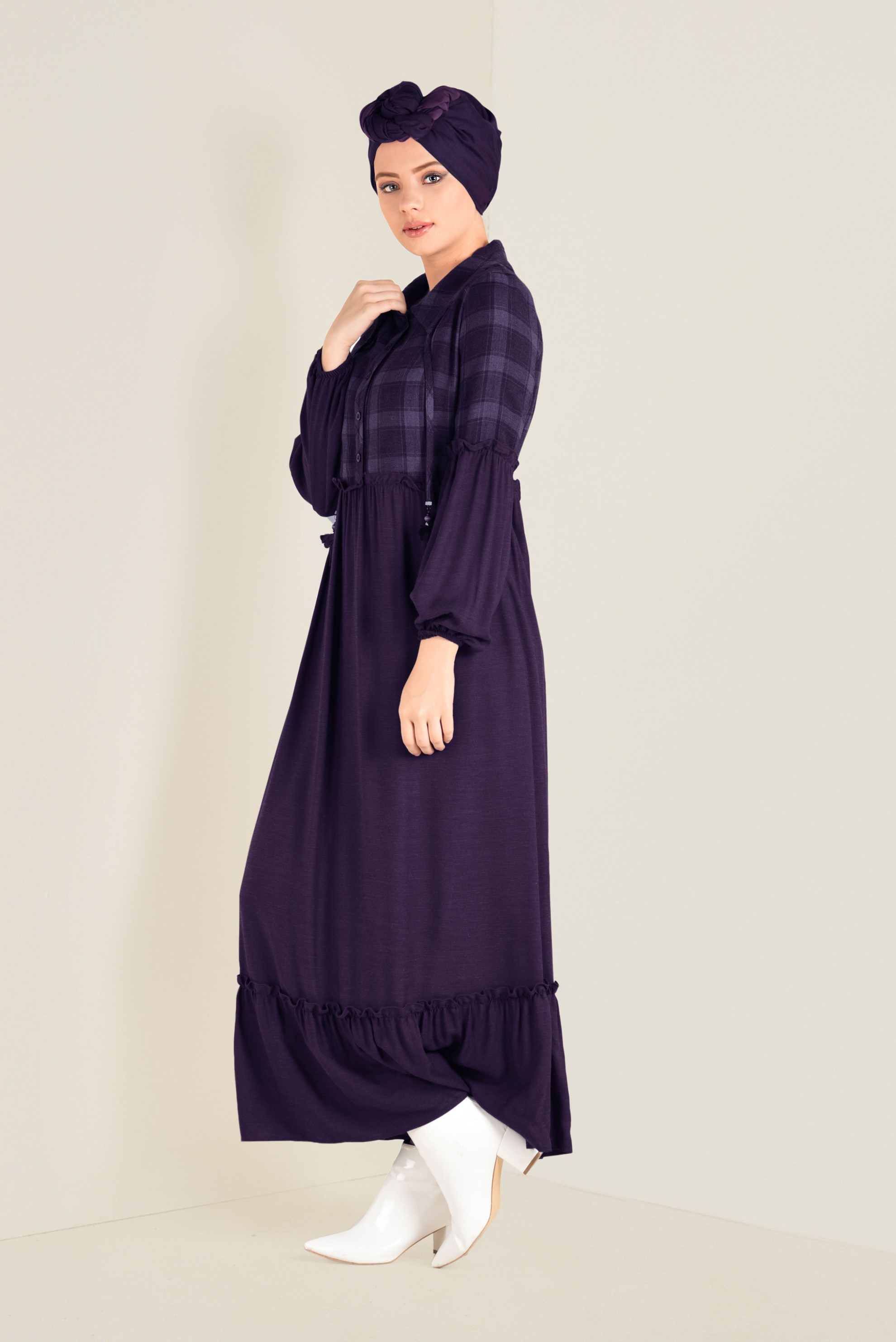 Tesettür giyim MÜRDÜM ETEK UCU VOLANLI EKOSELİ ELBİSE 4566