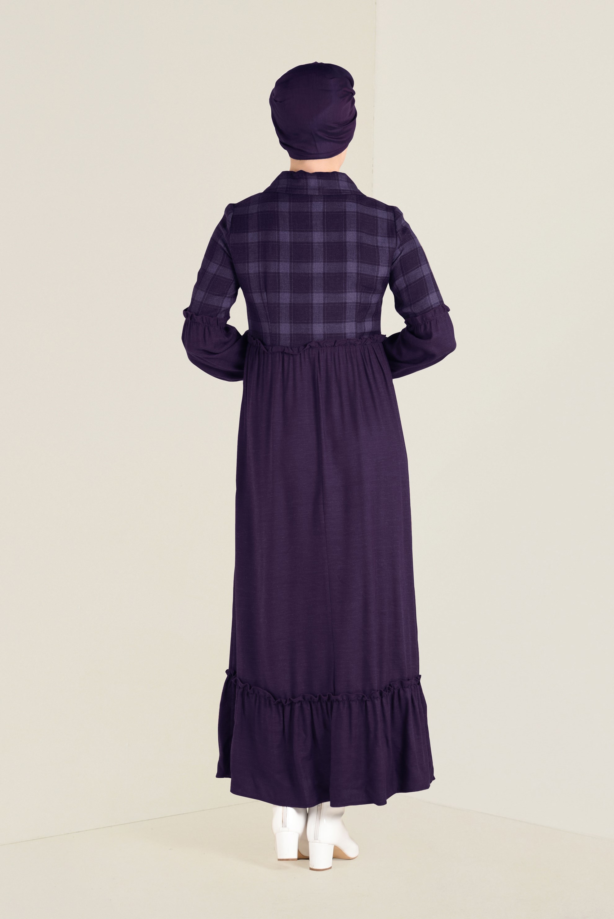 Tesettür giyim MÜRDÜM ETEK UCU VOLANLI EKOSELİ ELBİSE 4566