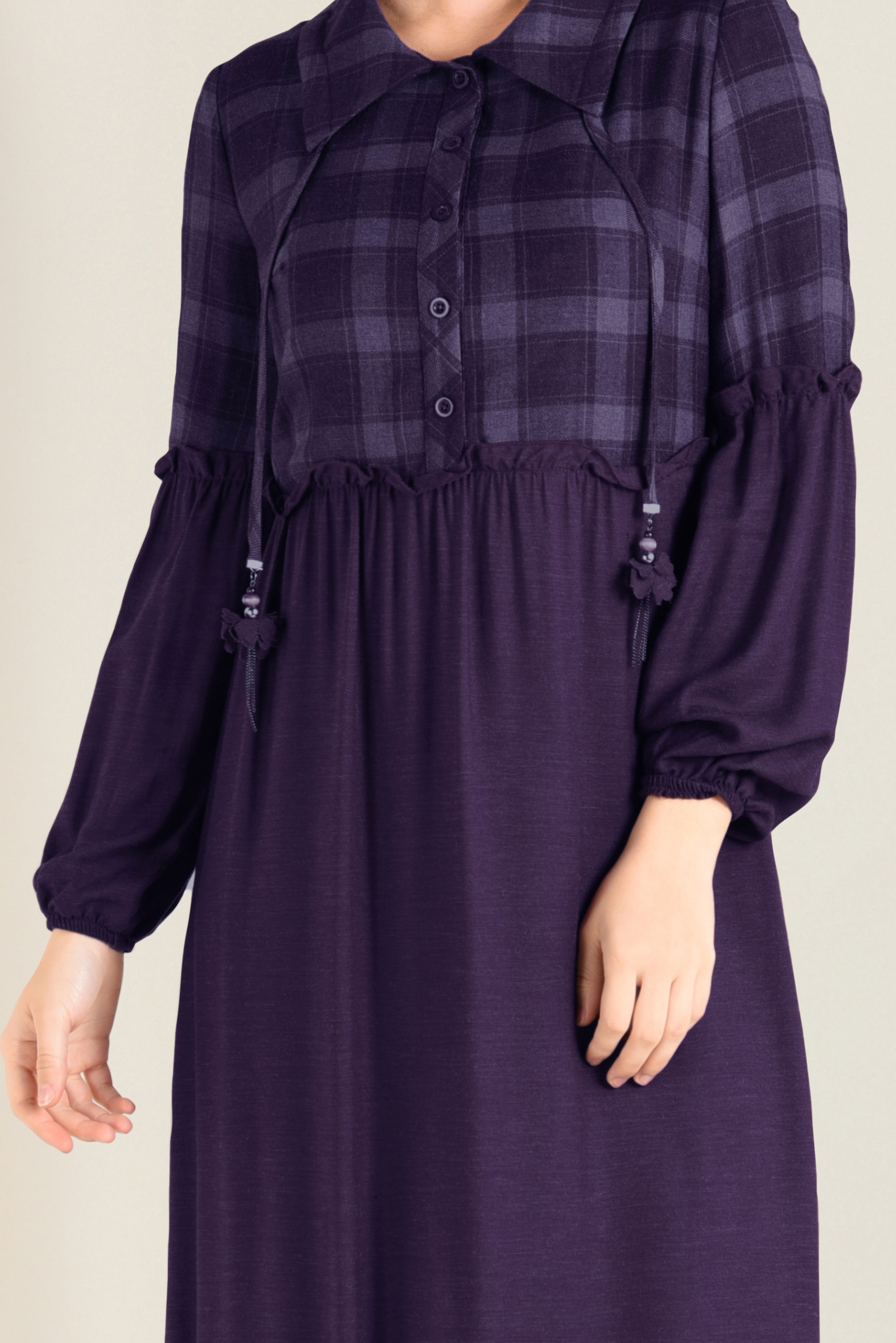 Tesettür giyim MÜRDÜM ETEK UCU VOLANLI EKOSELİ ELBİSE 4566