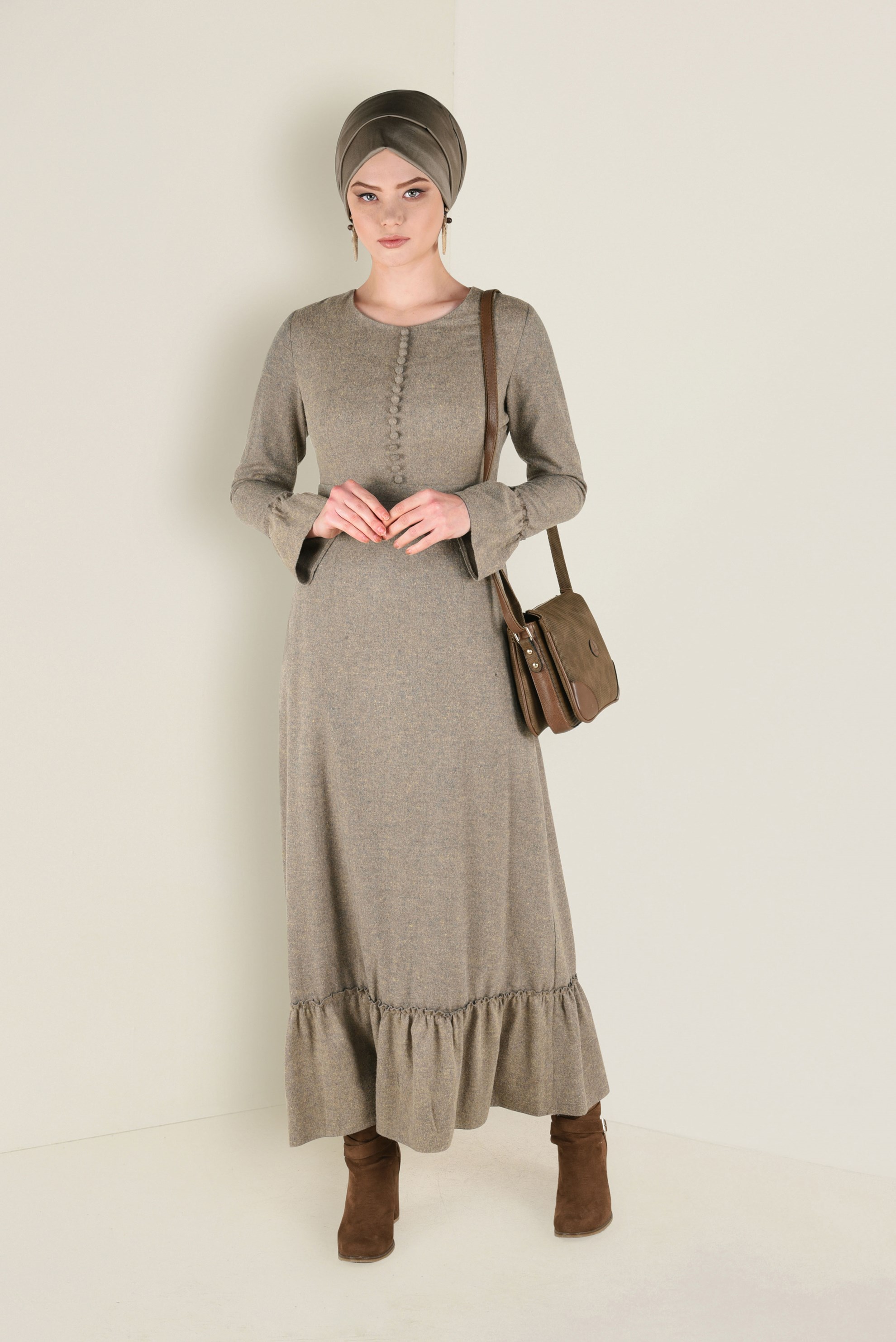 Tesettür giyim KAHVE VOLANLI PAMUKLU ELBİSE 4568