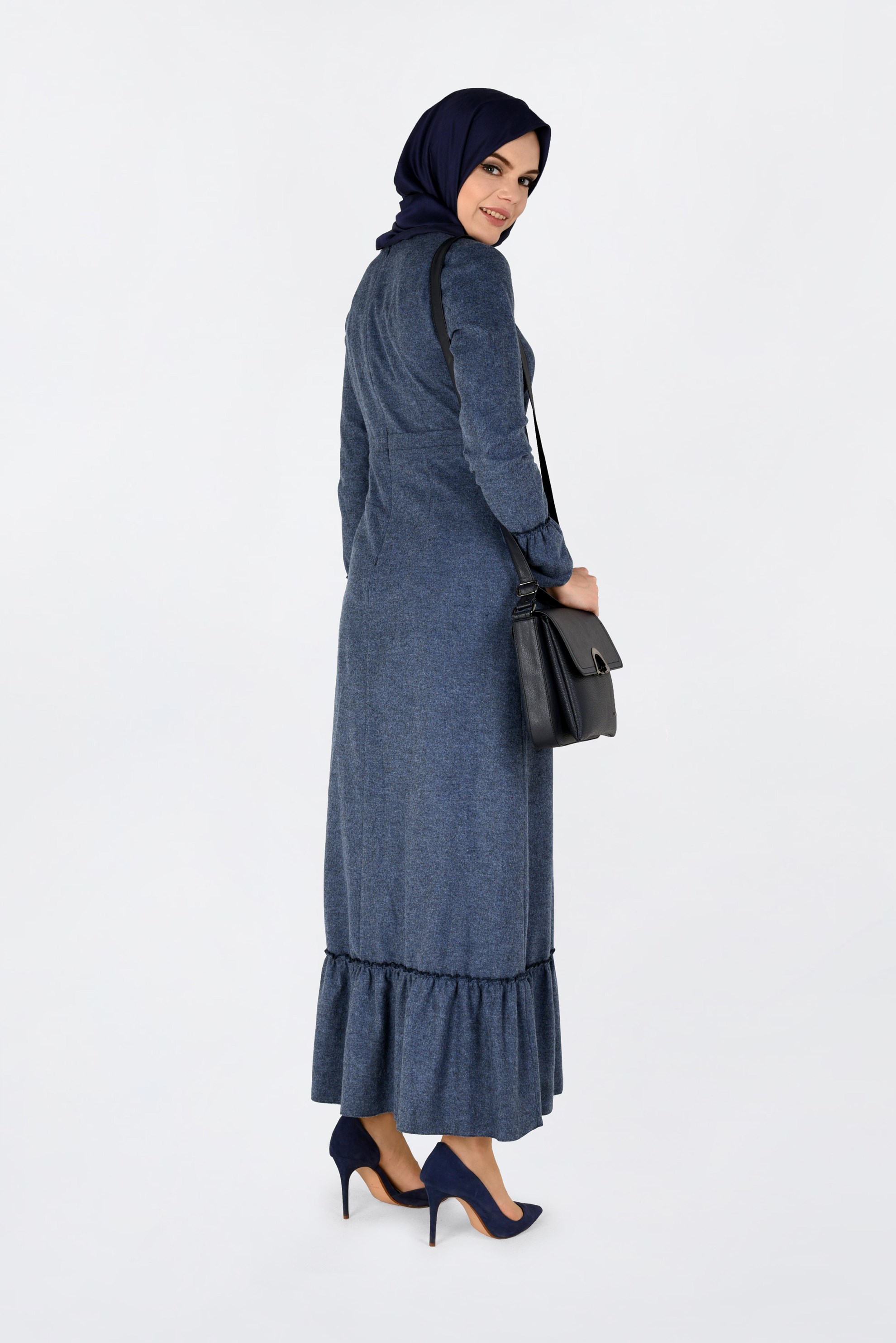 Tesettür giyim LACİVERT VOLANLI PAMUKLU ELBİSE 4568