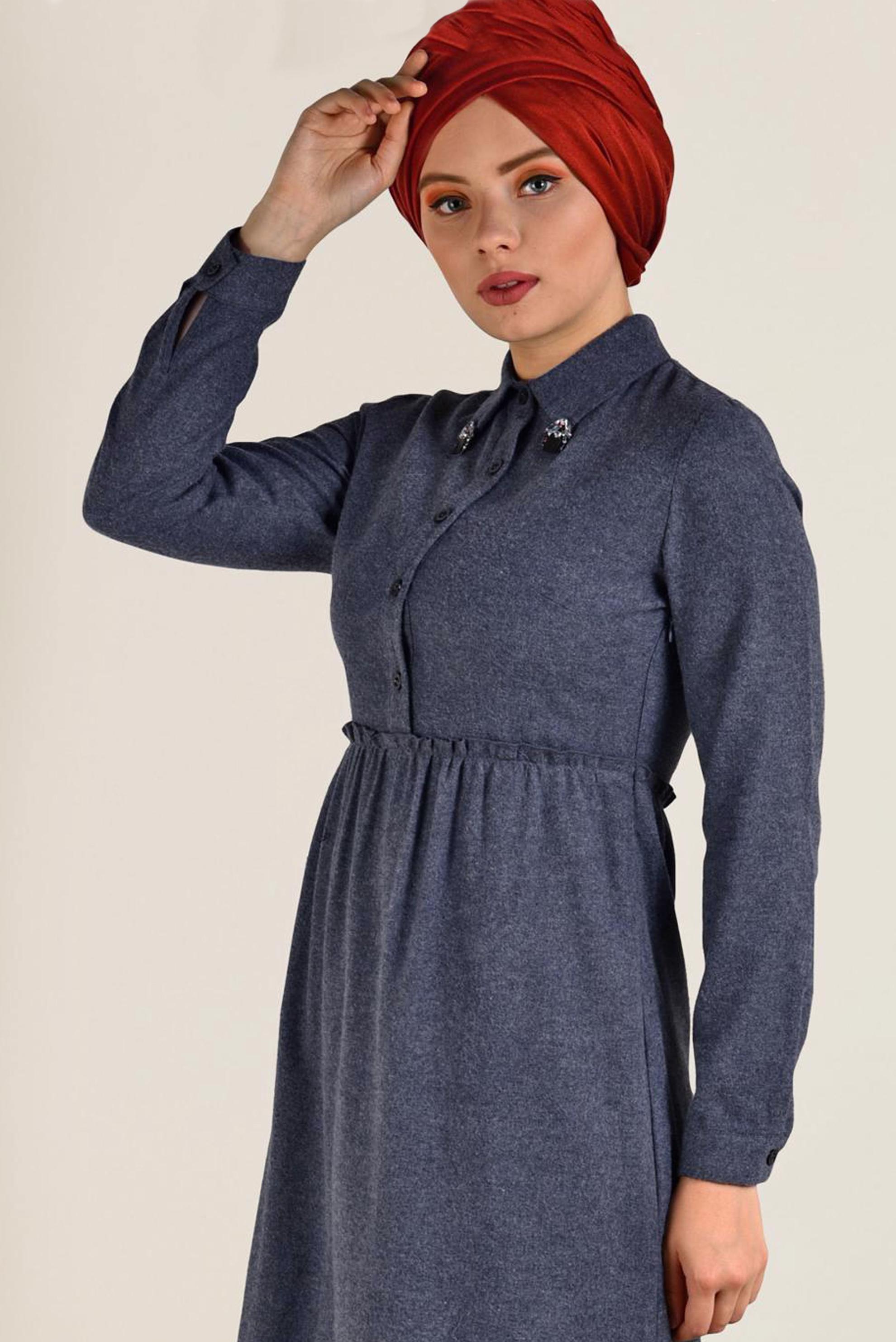 Tesettür giyim LACİVERT DOĞAL KUMAŞLI ELBİSE 4569 