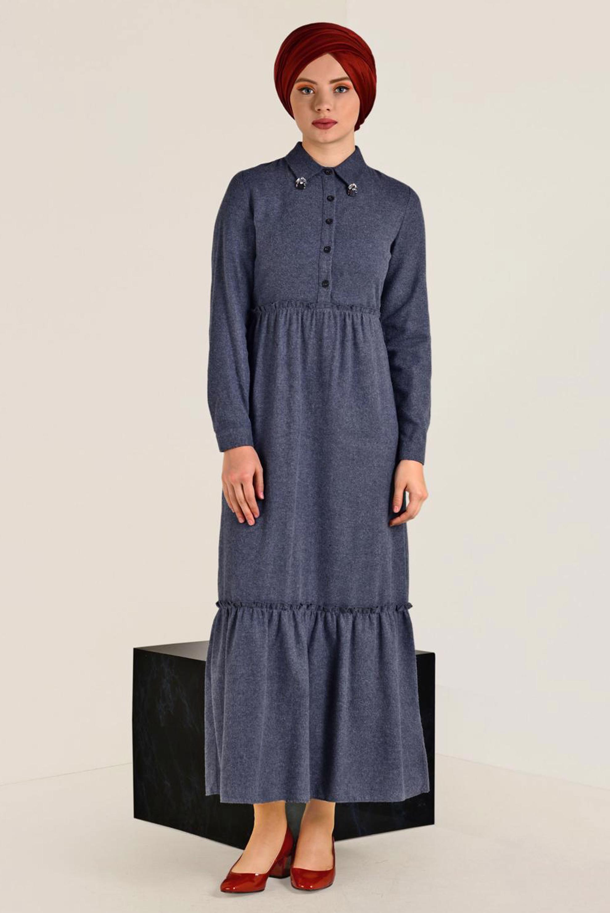 Tesettür giyim LACİVERT DOĞAL KUMAŞLI ELBİSE 4569 