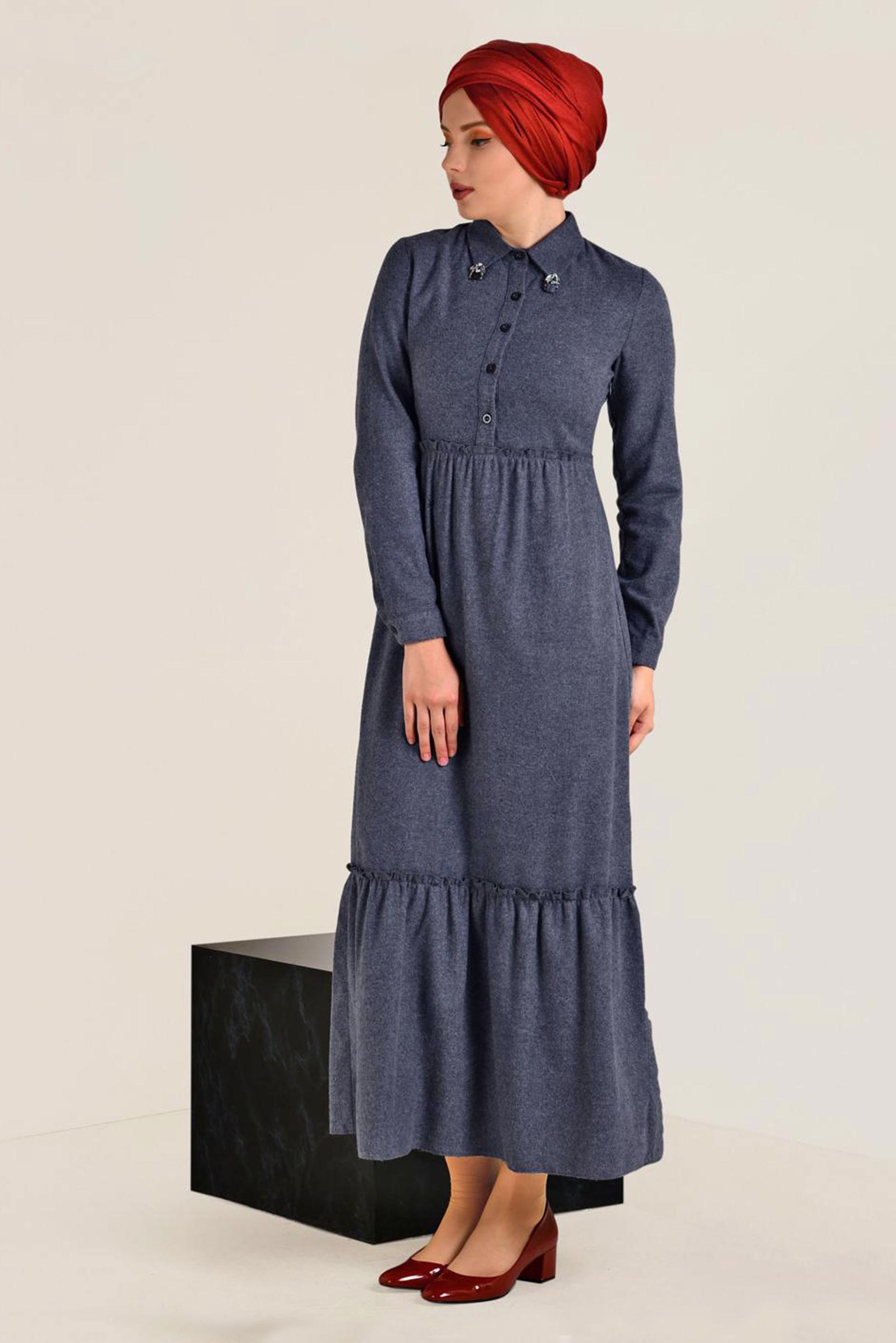 Tesettür giyim LACİVERT DOĞAL KUMAŞLI ELBİSE 4569 