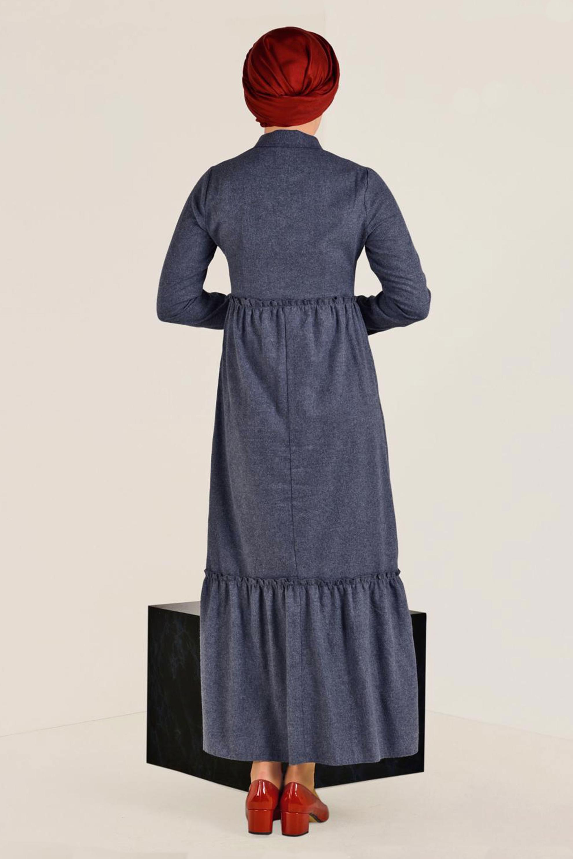 Tesettür giyim LACİVERT DOĞAL KUMAŞLI ELBİSE 4569 