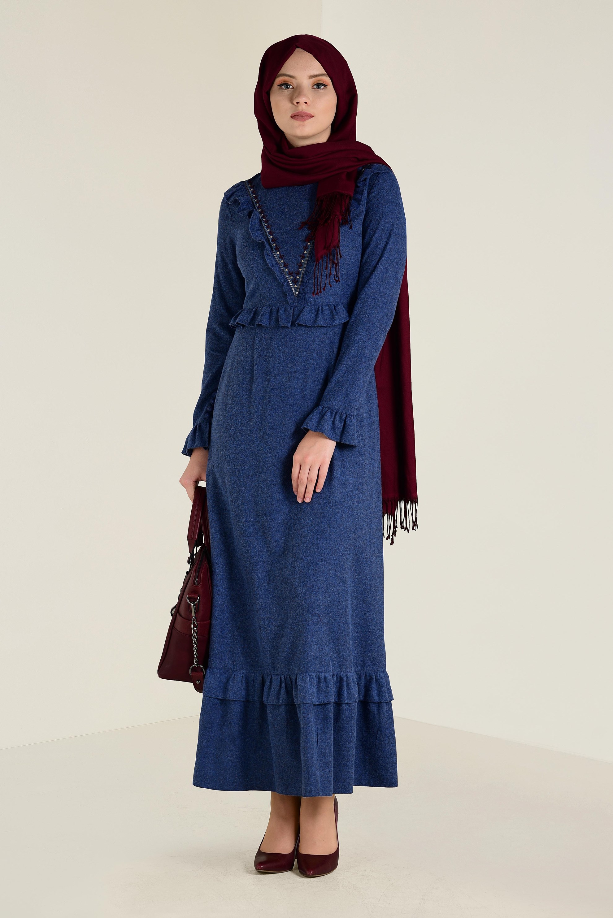 Tesettür giyim LACİVERT FIRFIRLI VE İŞLEME DETAYLI PAMUKLU ELBİSE 4606