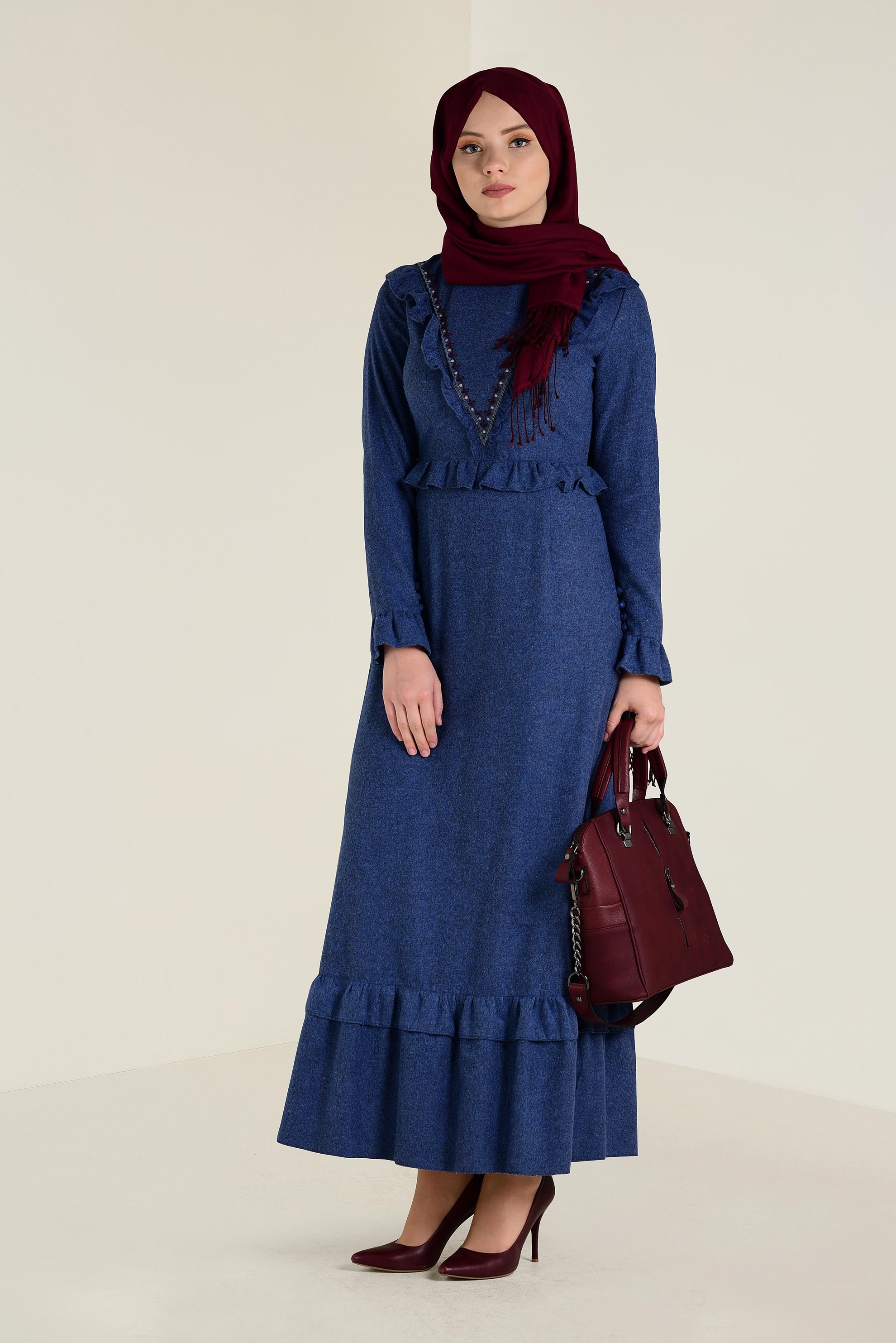 Tesettür giyim LACİVERT FIRFIRLI VE İŞLEME DETAYLI PAMUKLU ELBİSE 4606