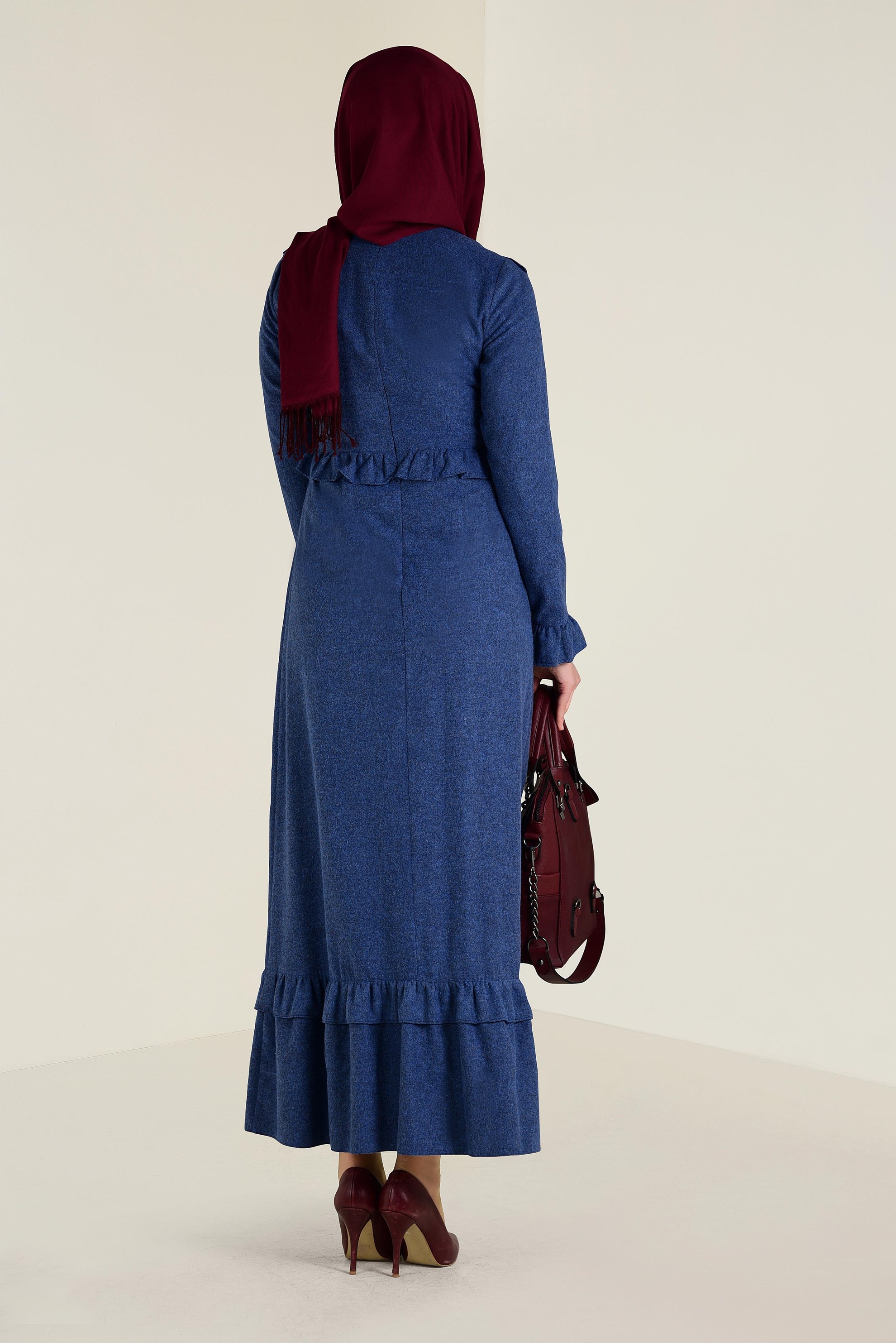 Tesettür giyim LACİVERT FIRFIRLI VE İŞLEME DETAYLI PAMUKLU ELBİSE 4606