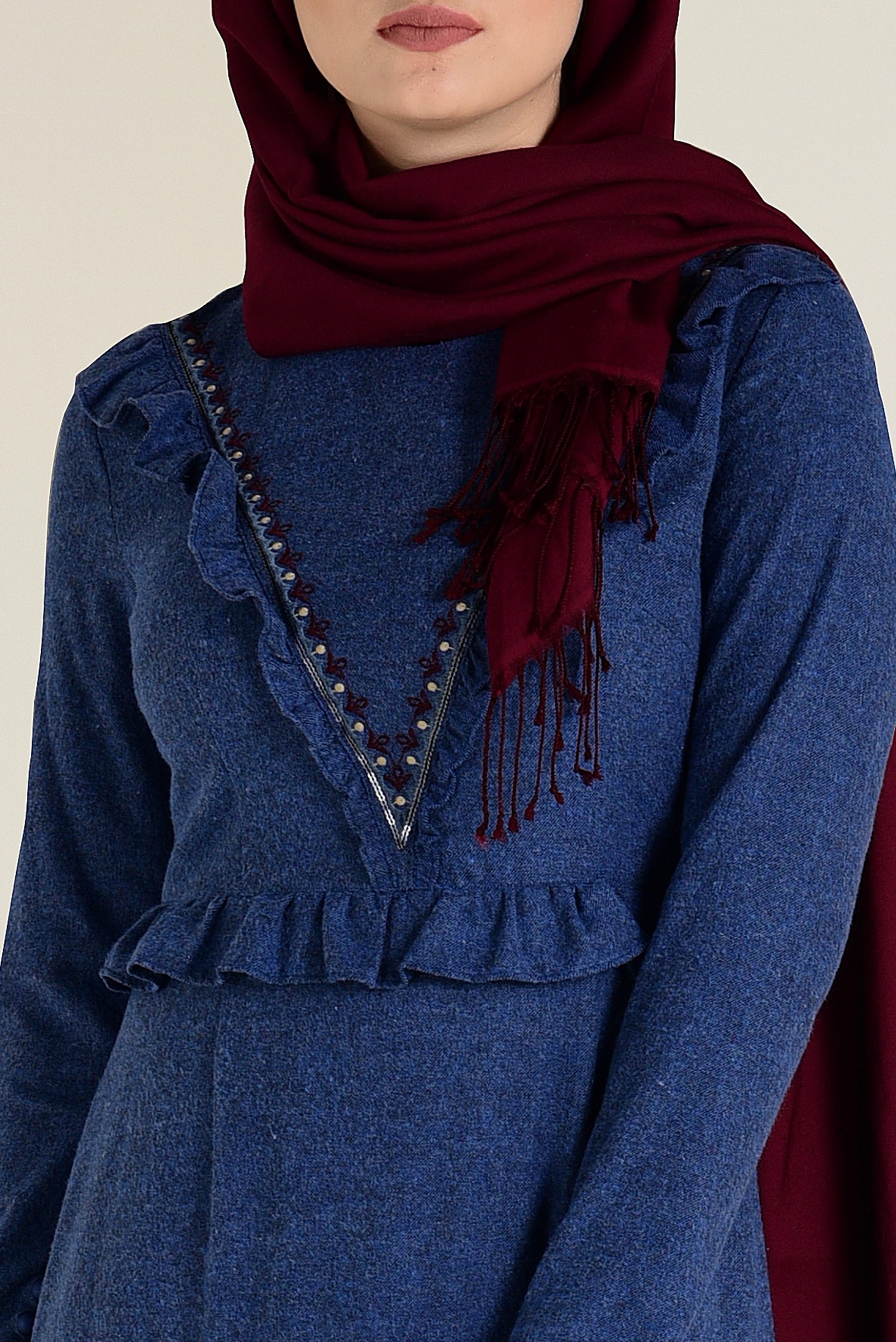 Tesettür giyim LACİVERT FIRFIRLI VE İŞLEME DETAYLI PAMUKLU ELBİSE 4606