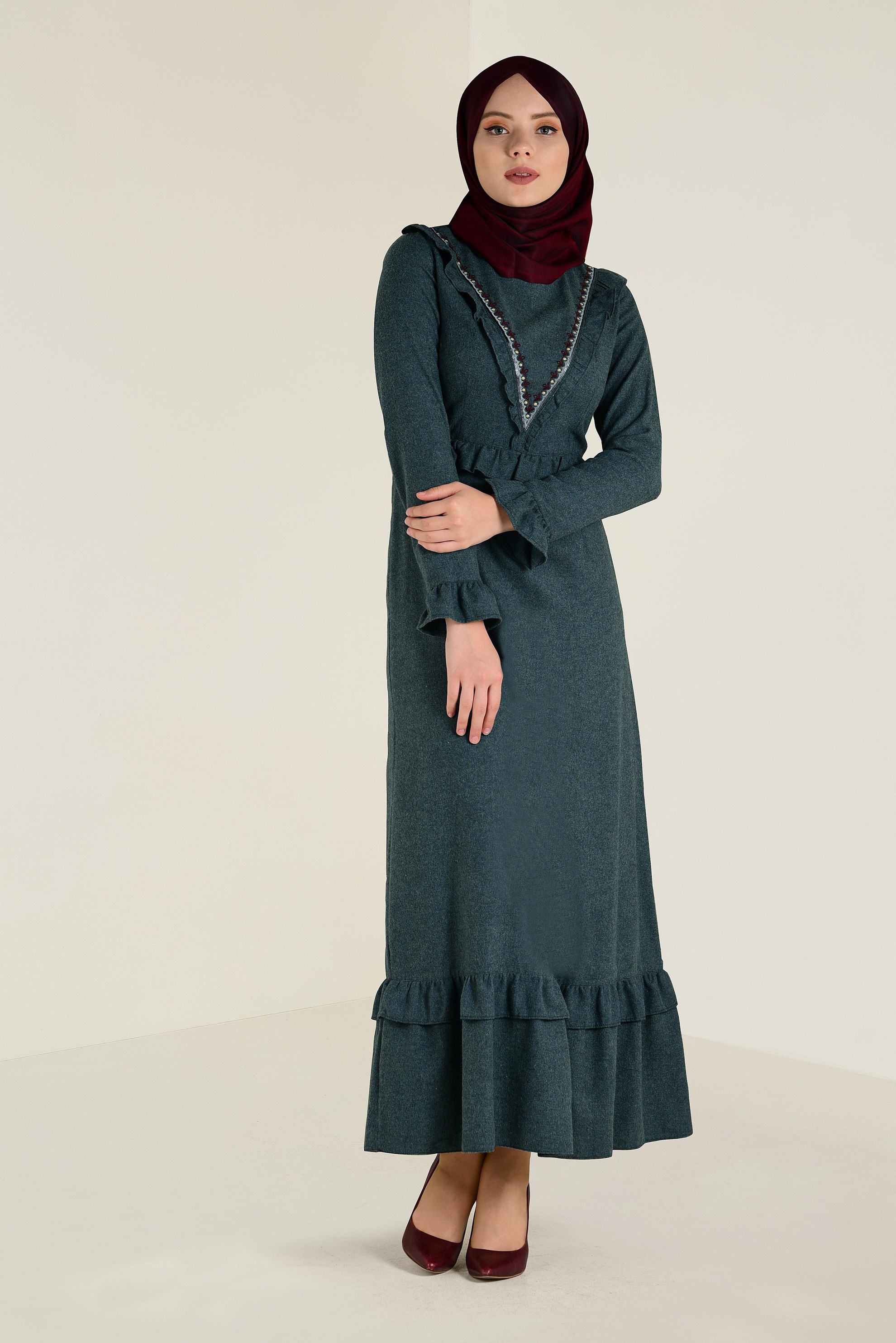 Tesettür giyim LACİVERT FIRFIRLI VE İŞLEME DETAYLI PAMUKLU ELBİSE 4606