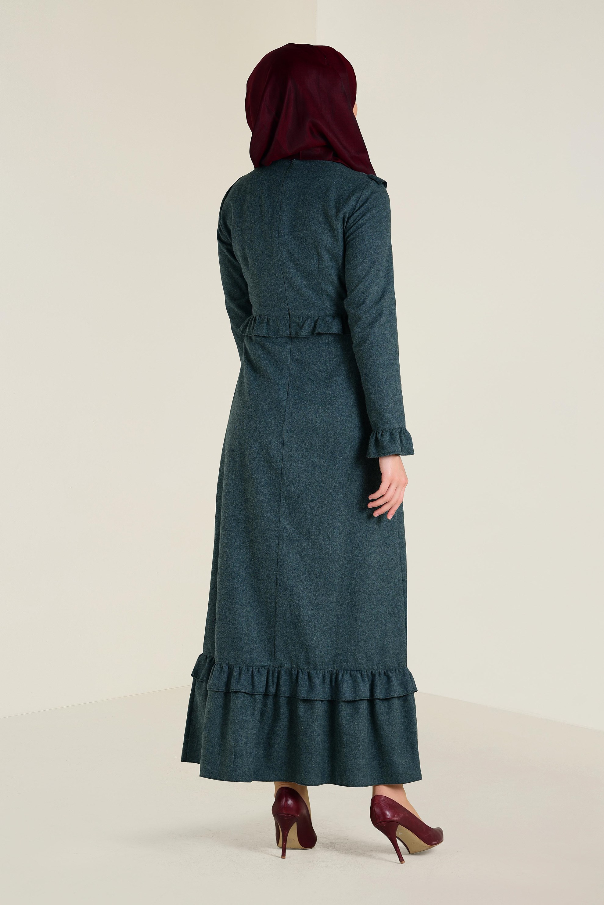 Tesettür giyim LACİVERT FIRFIRLI VE İŞLEME DETAYLI PAMUKLU ELBİSE 4606