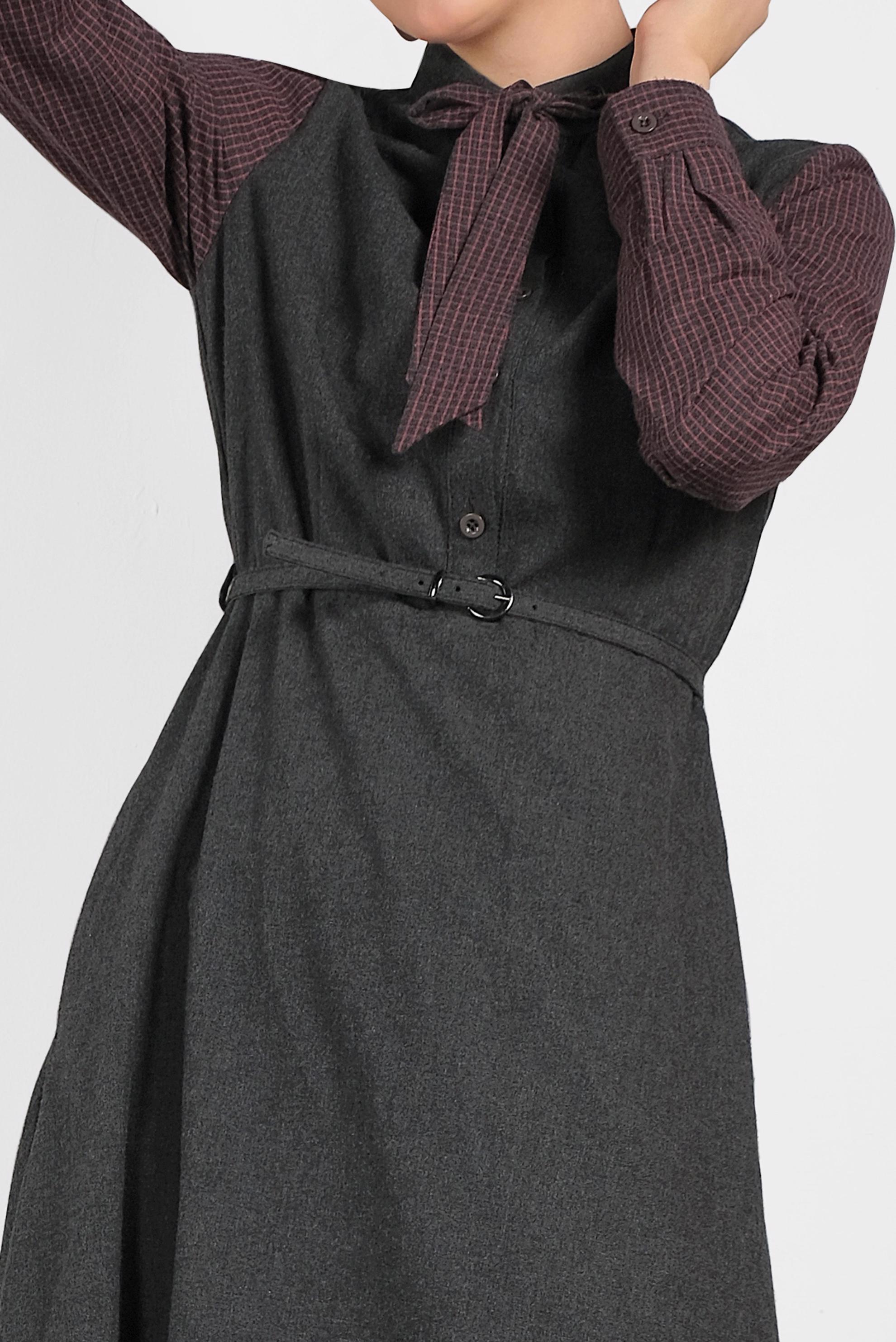 Tesettür giyim GRİ YAKASI BAĞCIKLI BELDEN KEMERLİ ELBİSE 4608