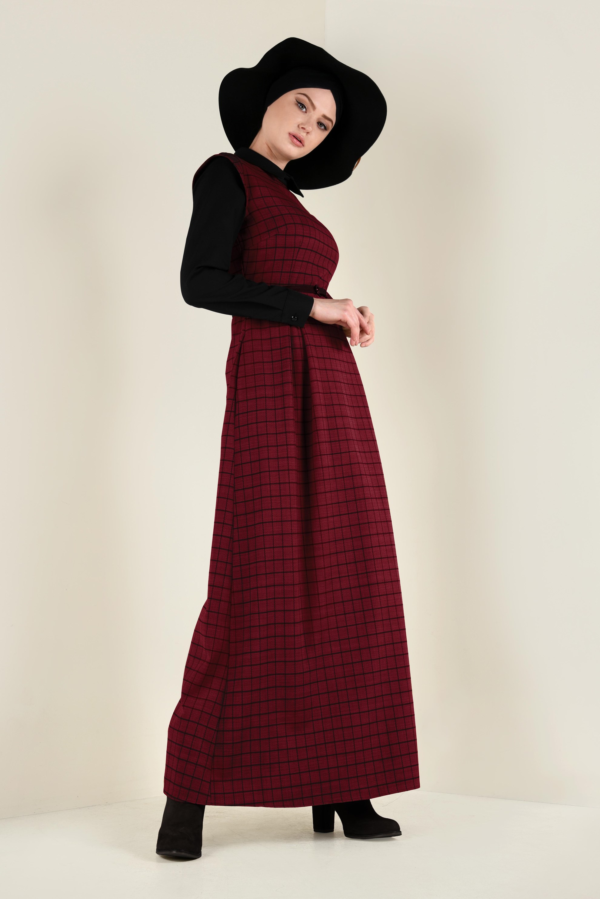 Tesettür giyim KIRMIZI KEMERLİ EKOSE ELBİSE 4652 