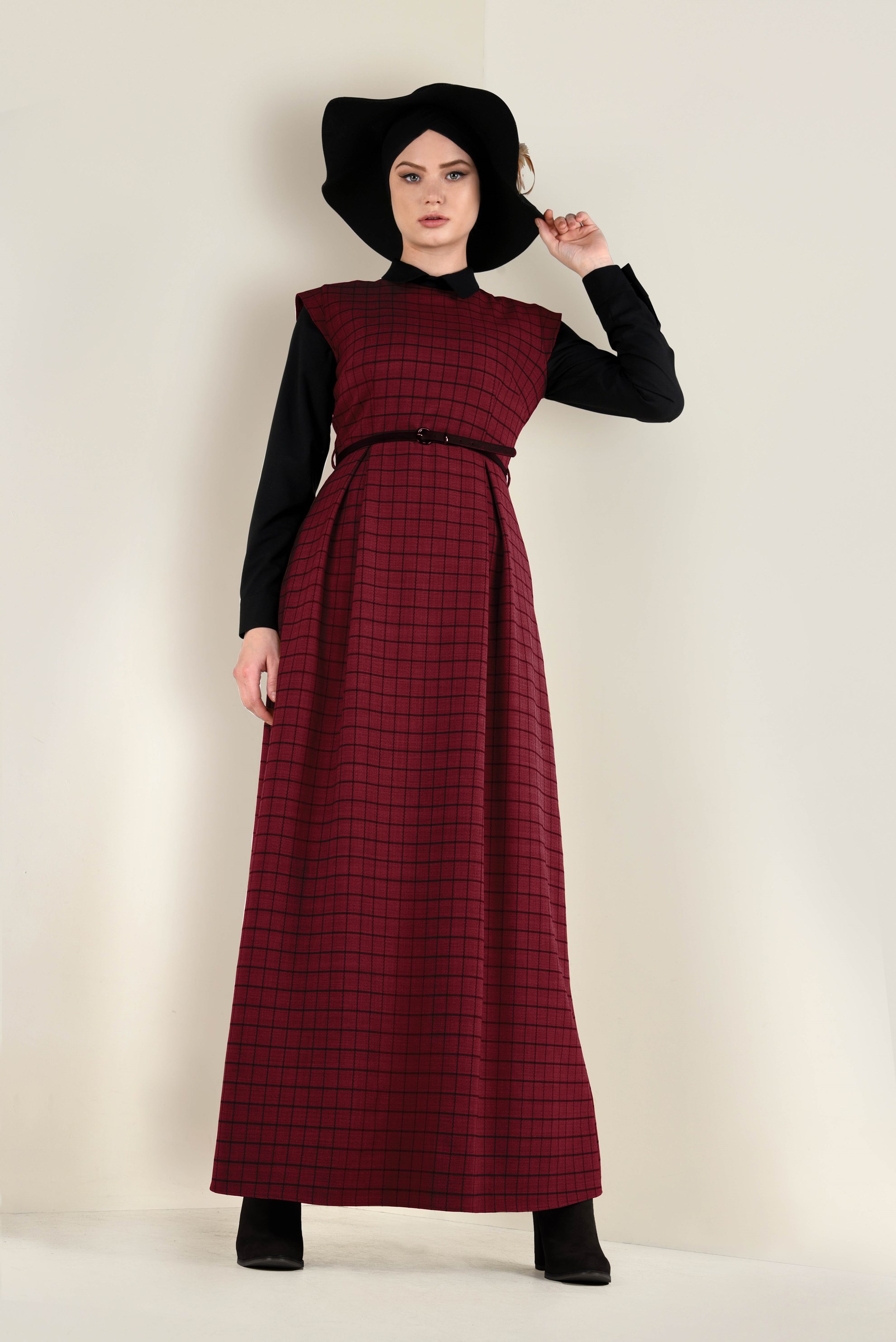 Tesettür giyim KIRMIZI KEMERLİ EKOSE ELBİSE 4652 