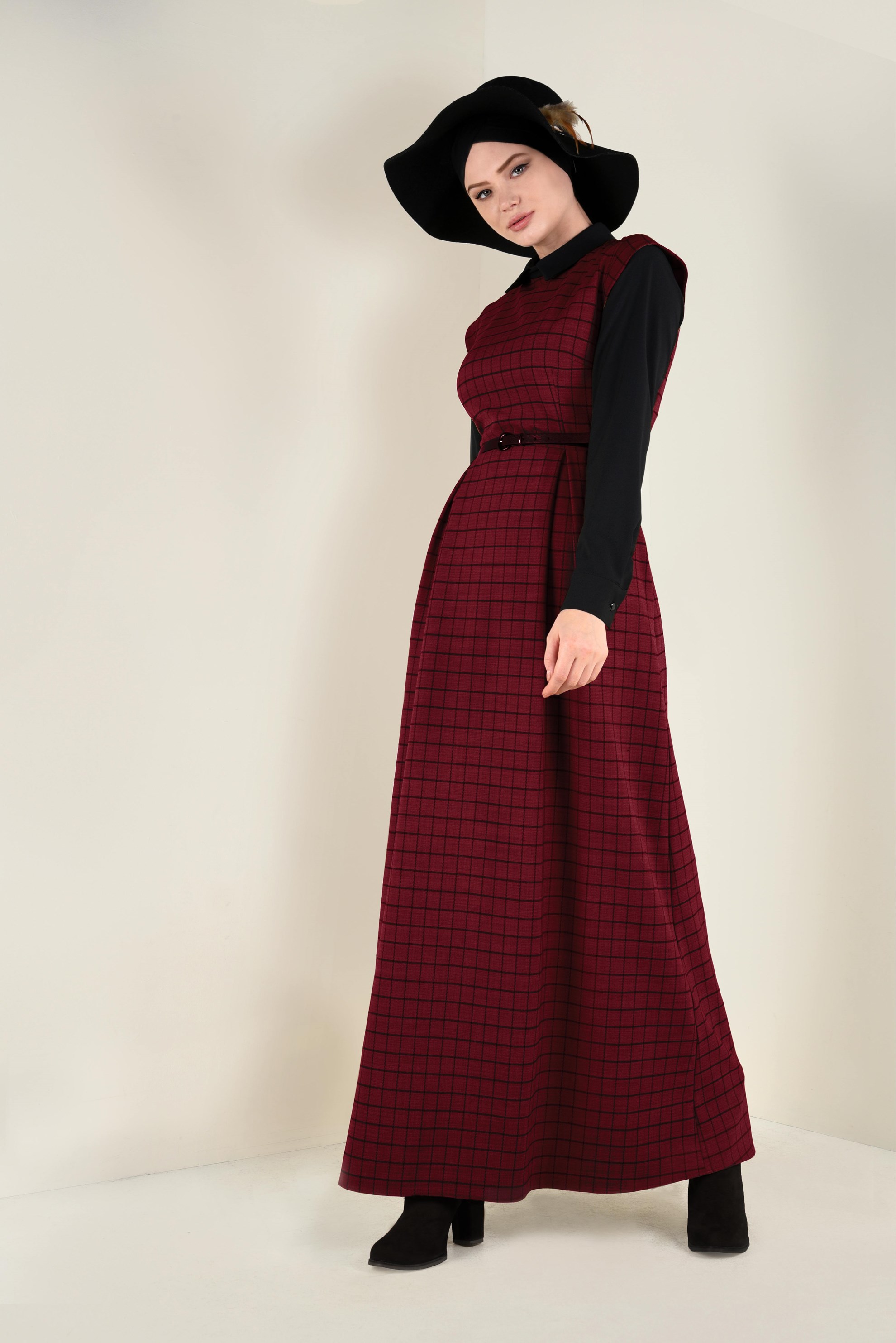 Tesettür giyim KIRMIZI KEMERLİ EKOSE ELBİSE 4652 