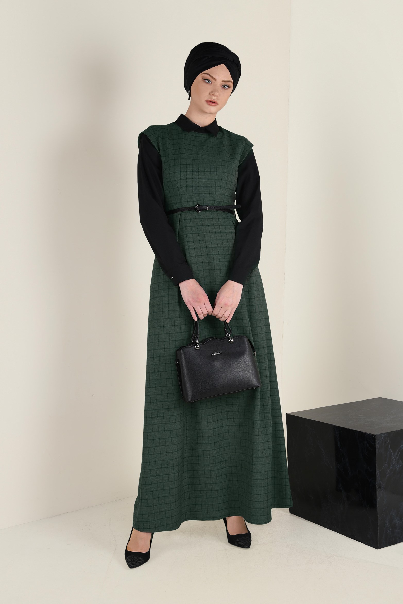 Tesettür giyim HAKİ KEMERLİ EKOSE ELBİSE 4652 