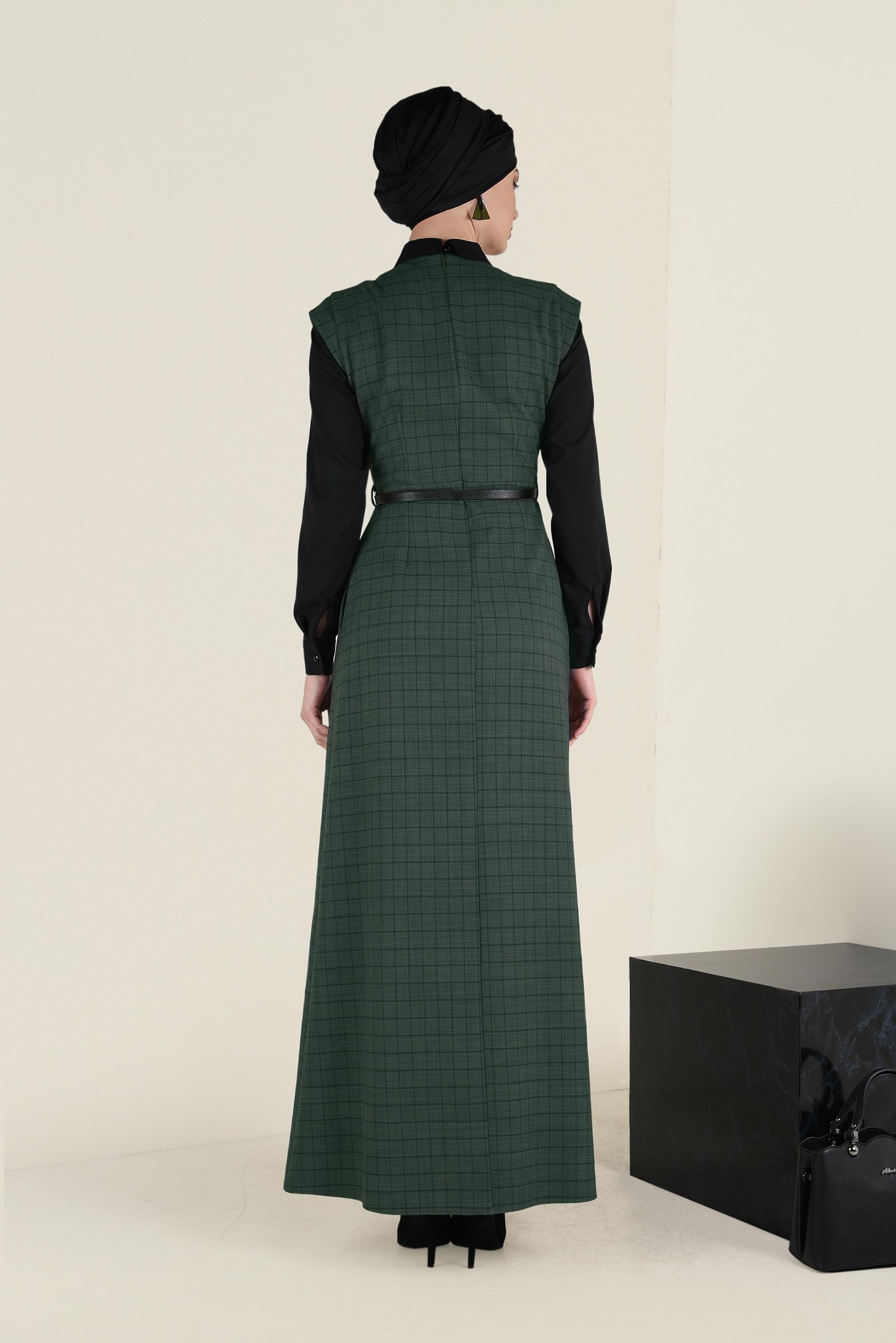 Tesettür giyim HAKİ KEMERLİ EKOSE ELBİSE 4652 