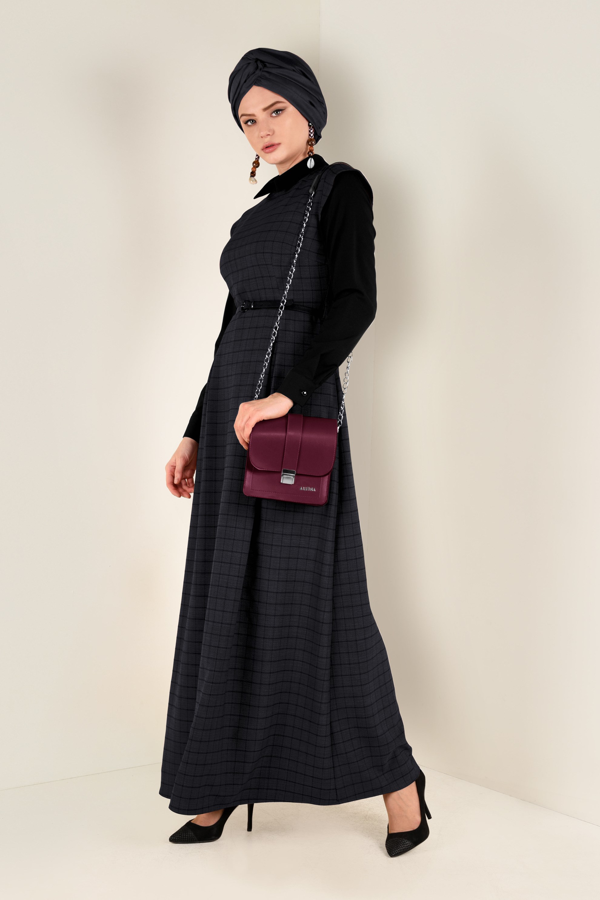 Tesettür giyim GRİ KEMERLİ EKOSE ELBİSE 4652 