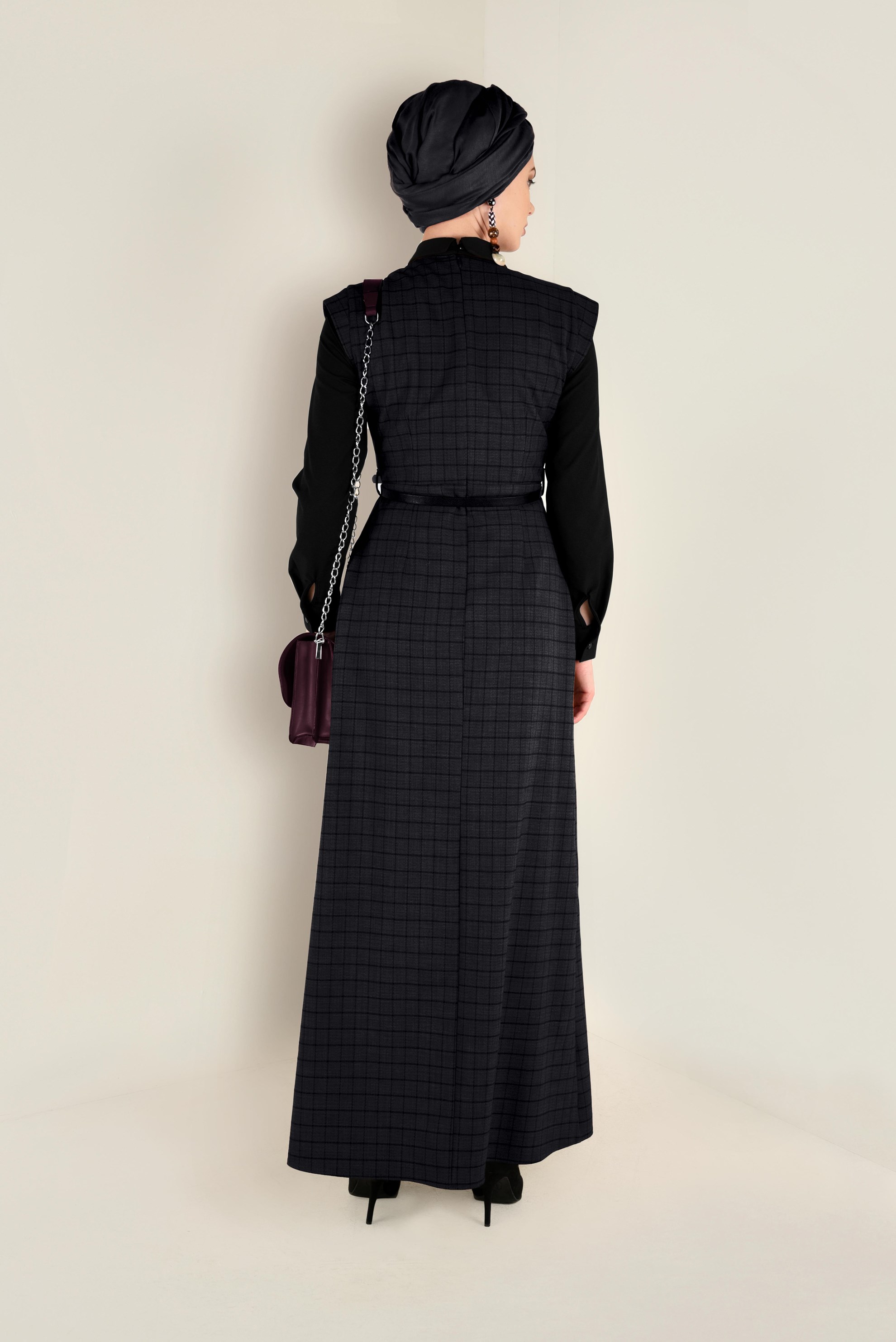 Tesettür giyim GRİ KEMERLİ EKOSE ELBİSE 4652 