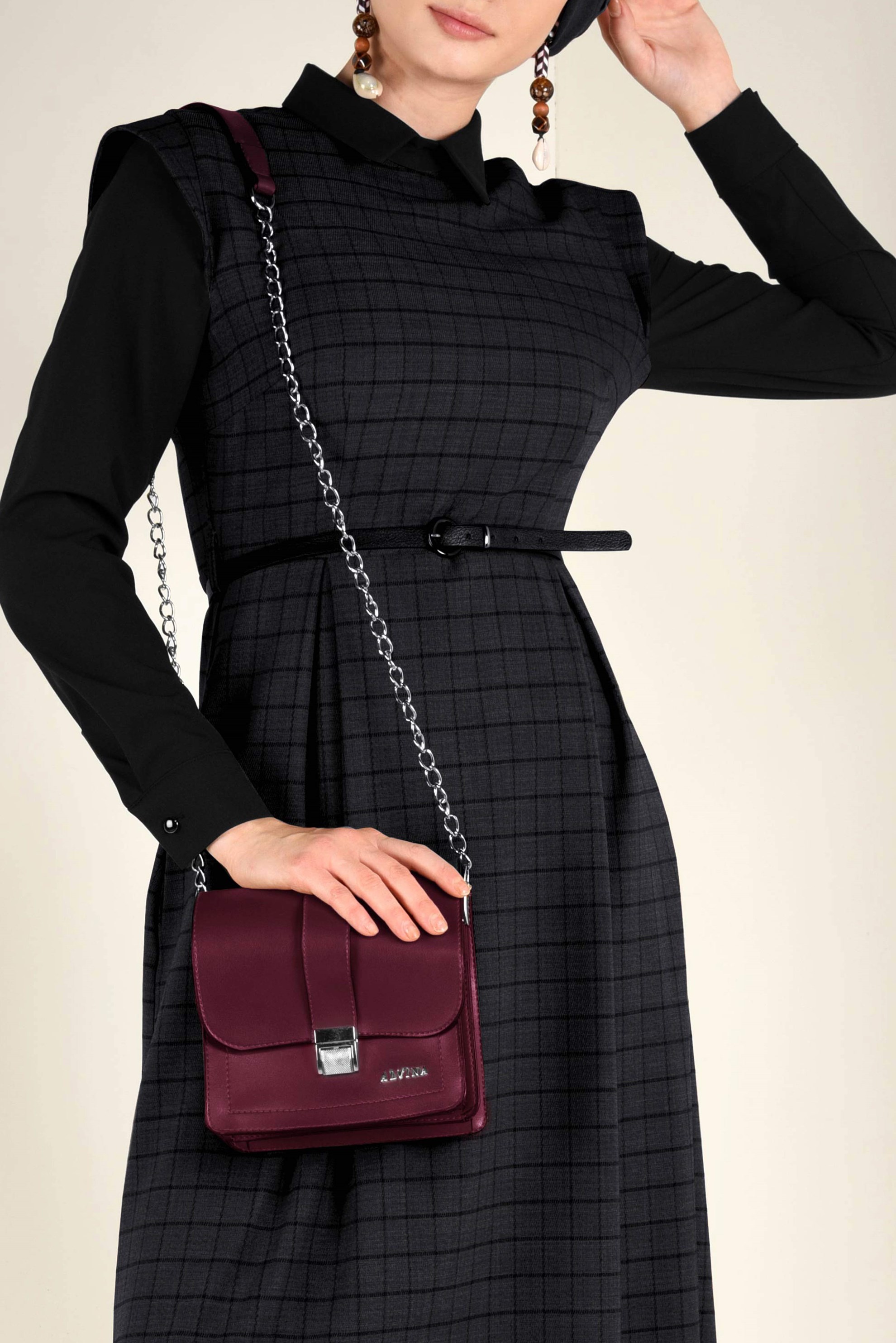 Tesettür giyim GRİ KEMERLİ EKOSE ELBİSE 4652 