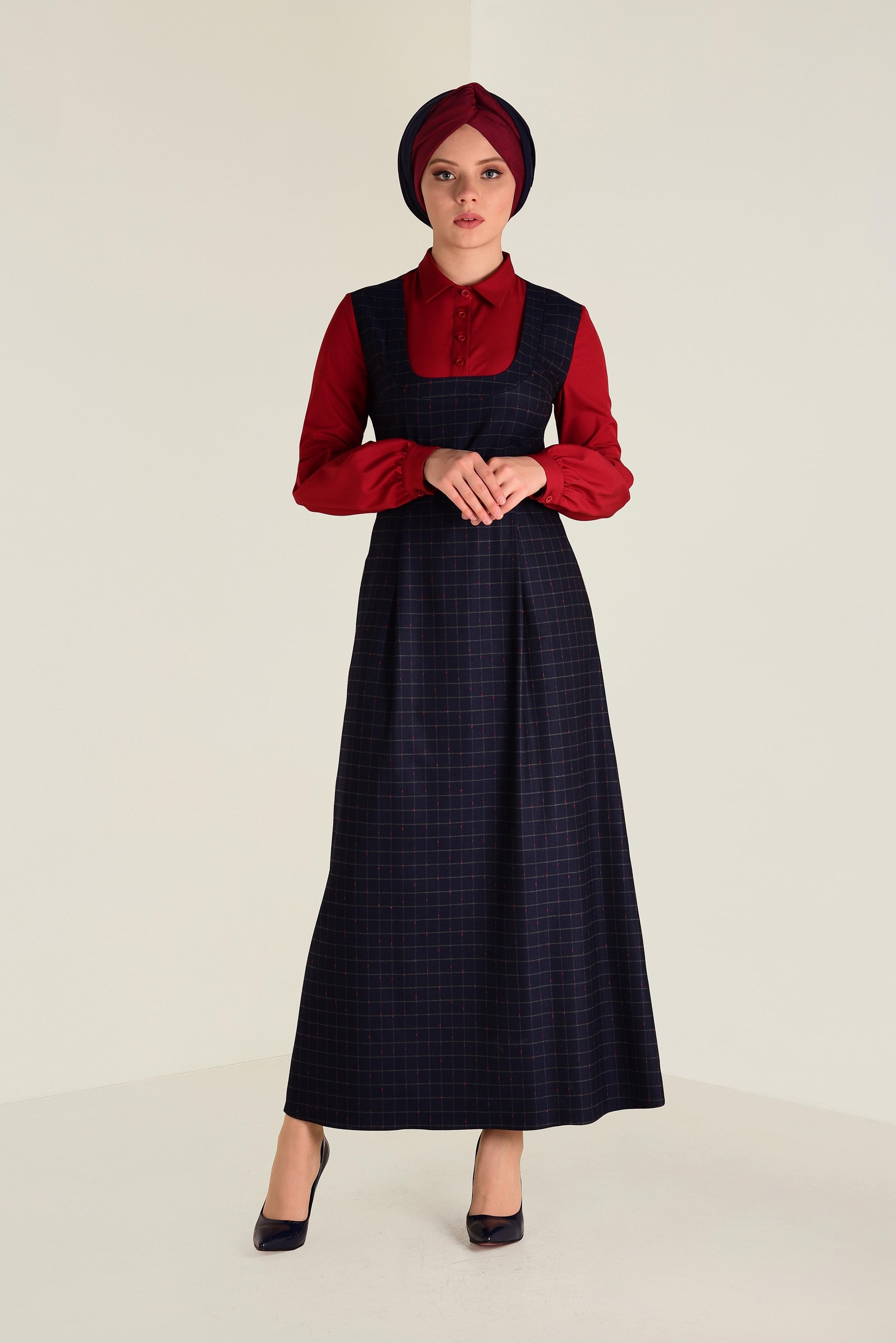 Tesettür giyim LACİVERT EKOSE SALOPET ELBİSE 4655