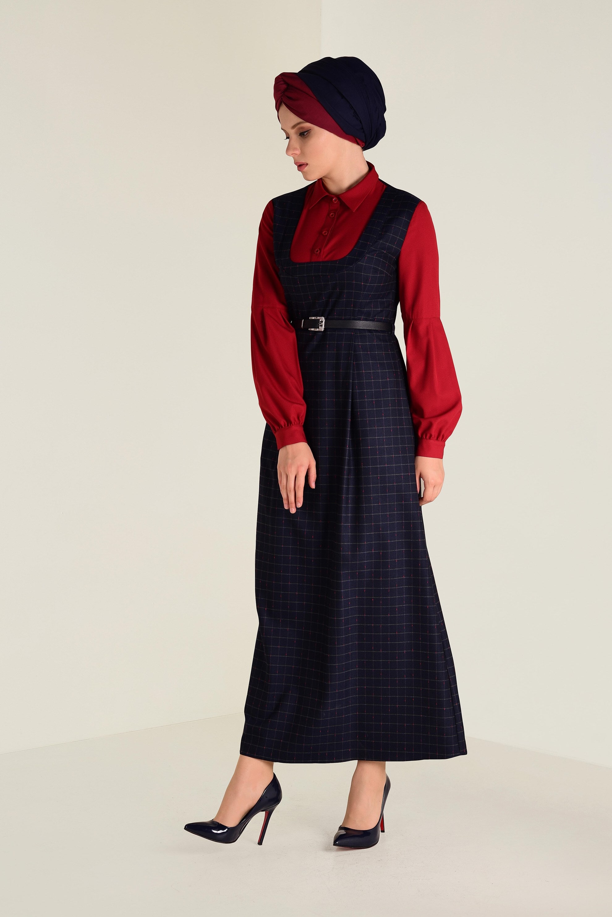 Tesettür giyim LACİVERT EKOSE SALOPET ELBİSE 4655