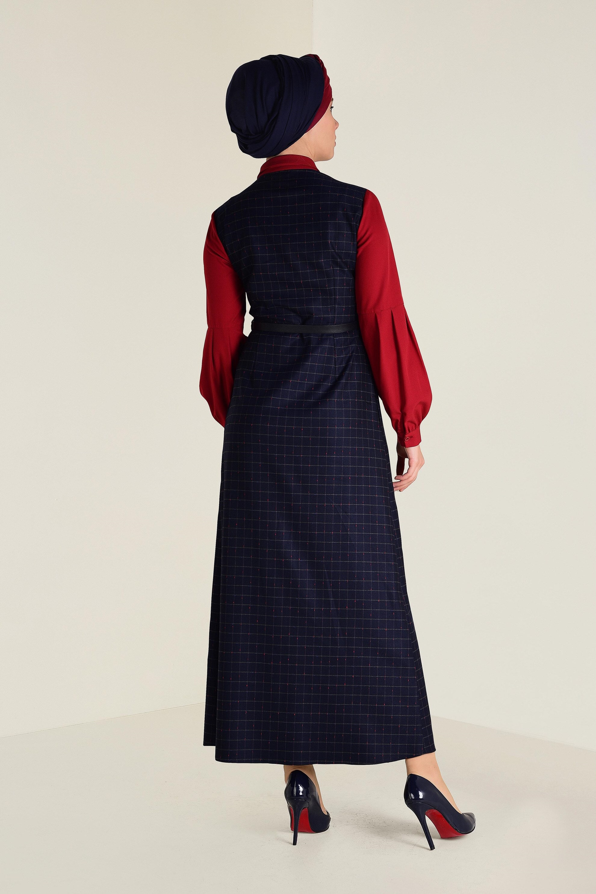 Tesettür giyim LACİVERT EKOSE SALOPET ELBİSE 4655