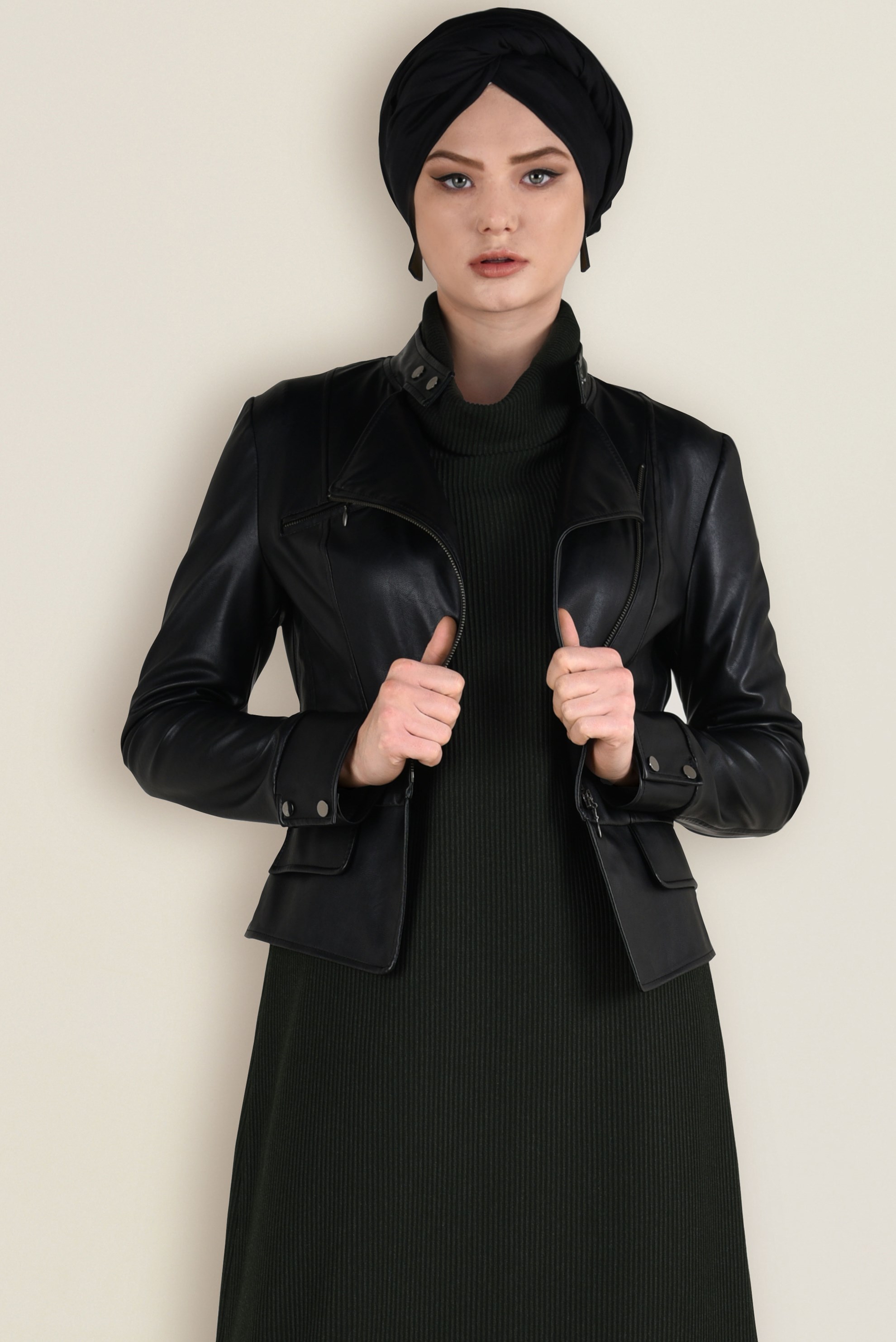 Tesettür giyim HAKİ BOĞAZLI TRİKO ELBİSE 4677 