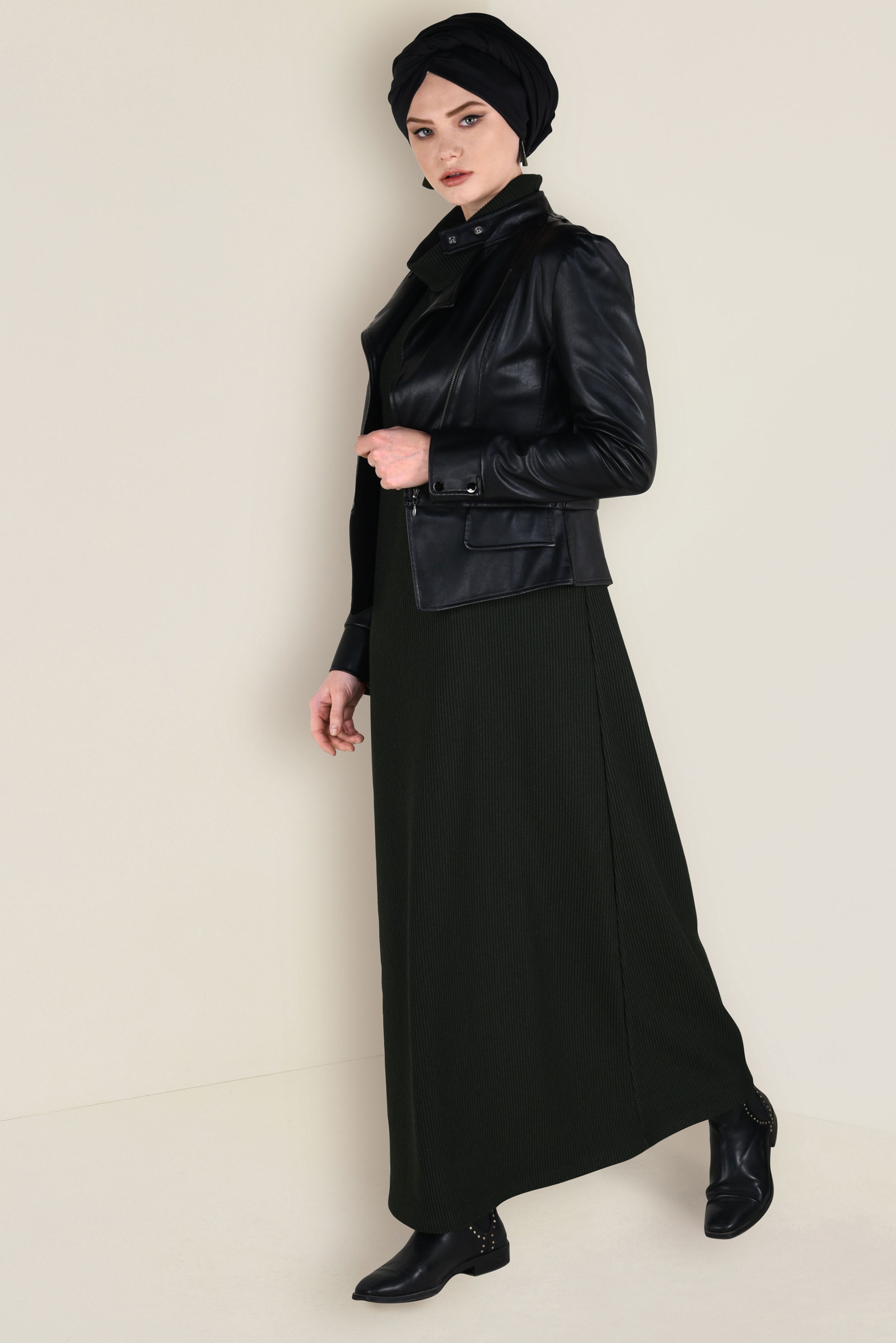 Tesettür giyim HAKİ BOĞAZLI TRİKO ELBİSE 4677 