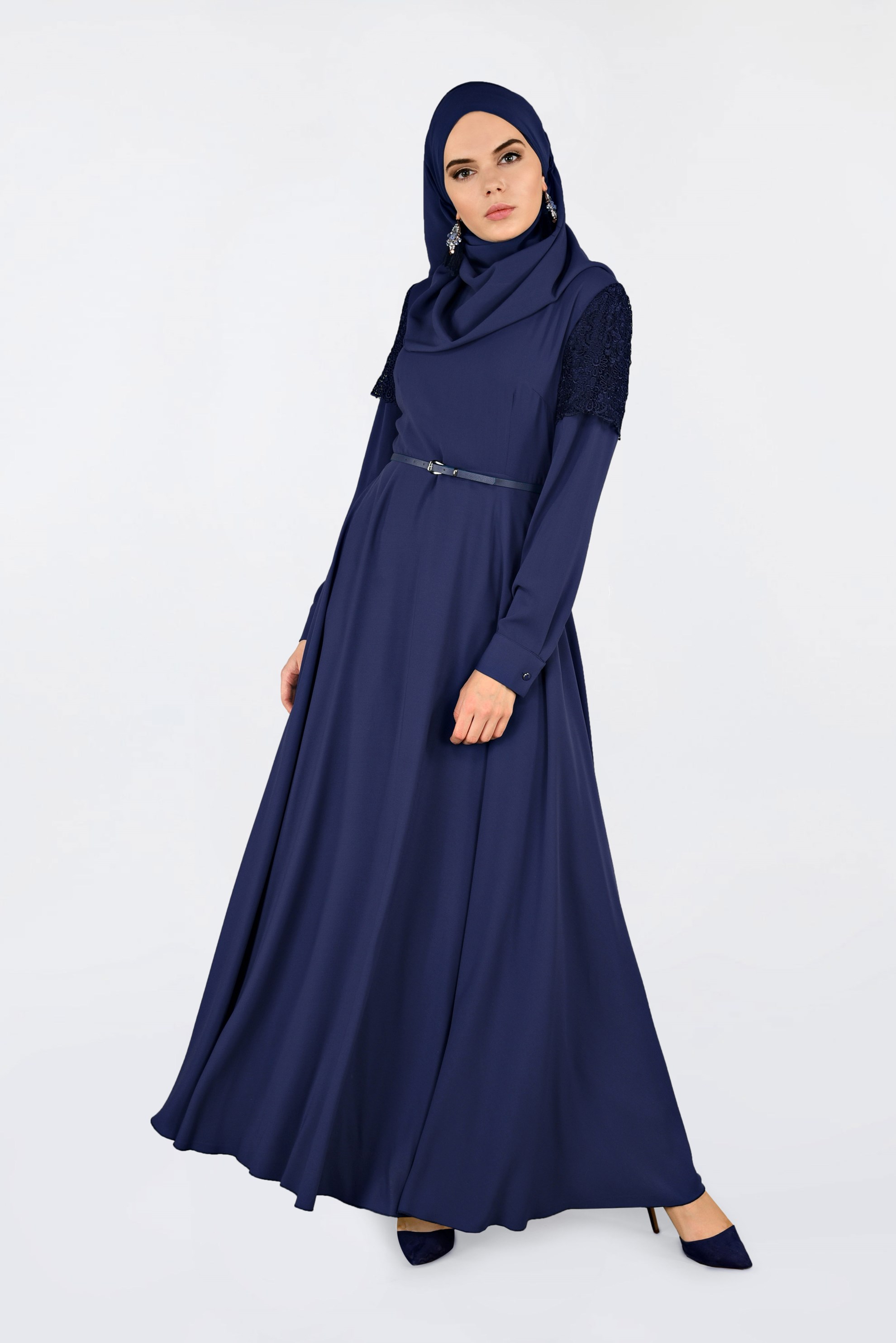 Tesettür giyim LACİVERT KOLLARI DANTELLİ KEMERLİ ELBİSE 4679