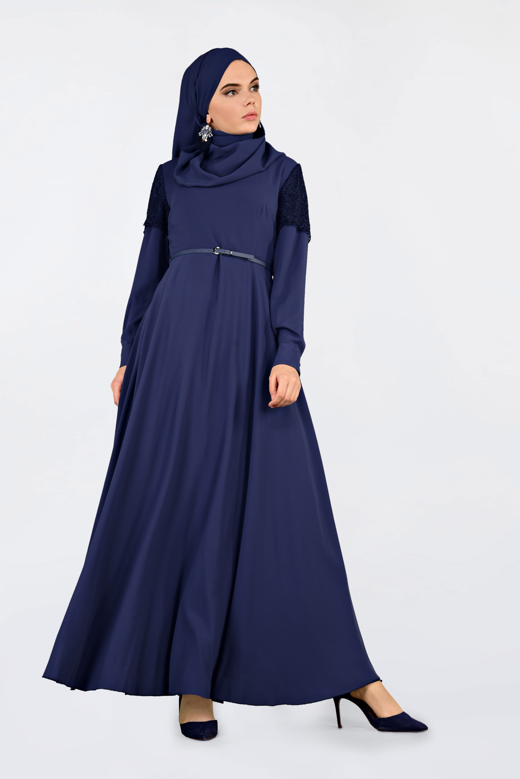 Tesettür giyim LACİVERT KOLLARI DANTELLİ KEMERLİ ELBİSE 4679