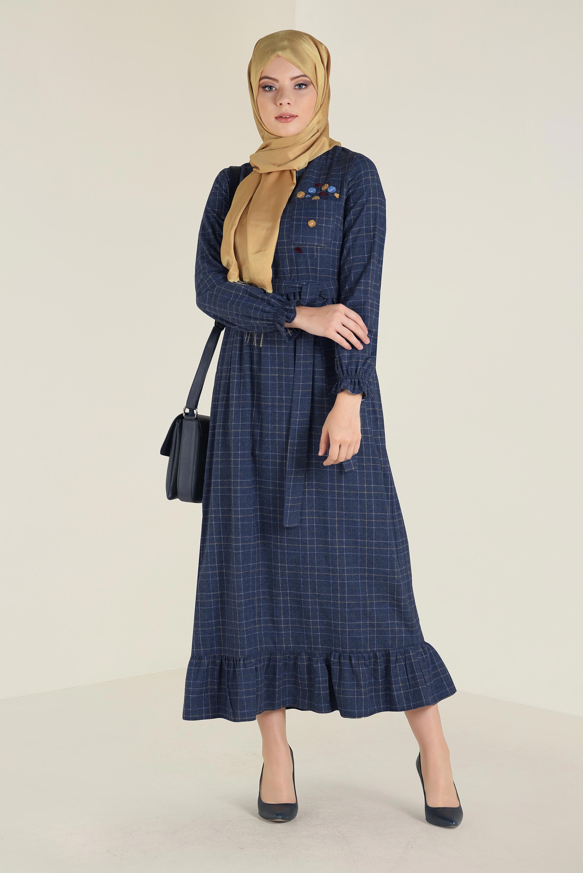 Tesettür giyim LACİVERT EKOSE DESENLİ FIRFIRLI ELBİSE 4727 