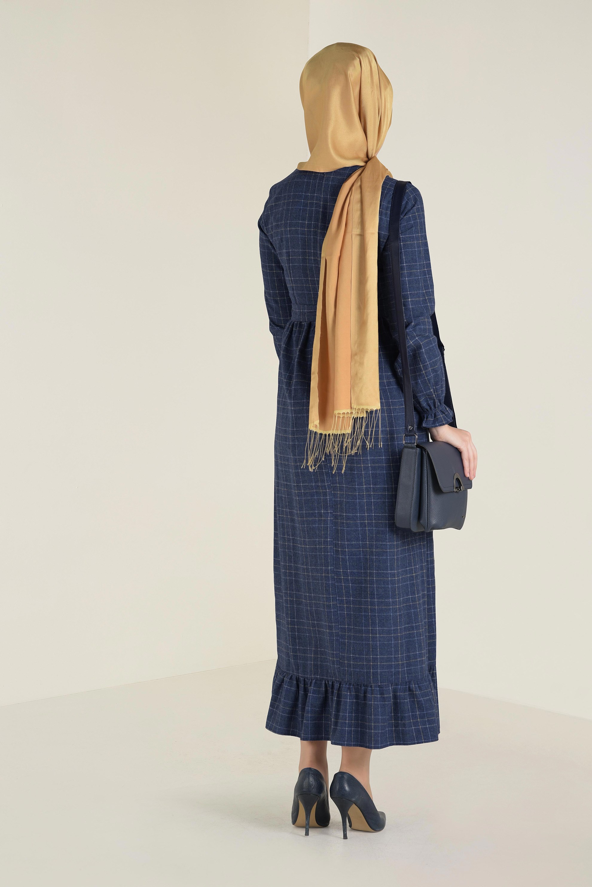 Tesettür giyim LACİVERT EKOSE DESENLİ FIRFIRLI ELBİSE 4727 