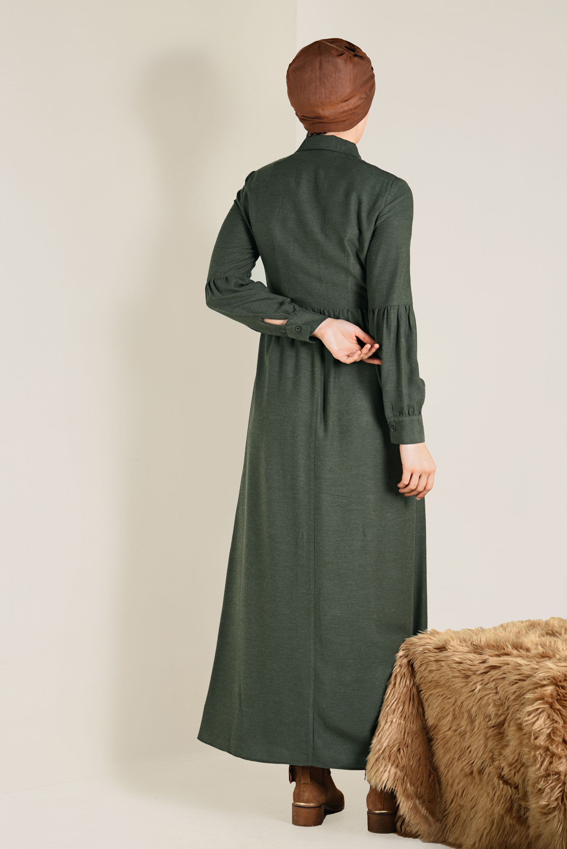 Tesettür giyim HAKİ DÜĞMELİ ELBİSE 4745 