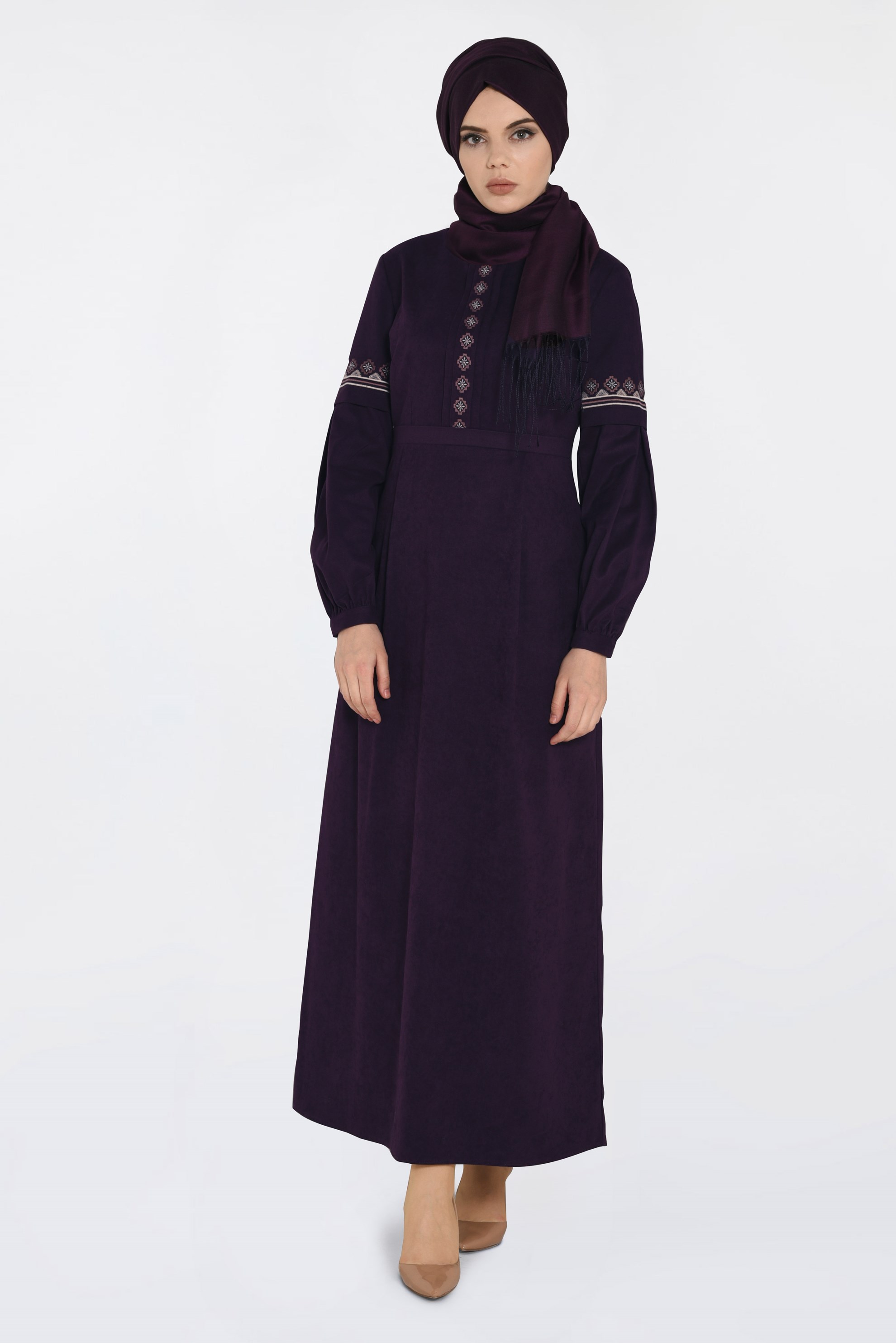 Tesettür giyim MOR İŞLEMELİ SÜET ELBİSE 4766 