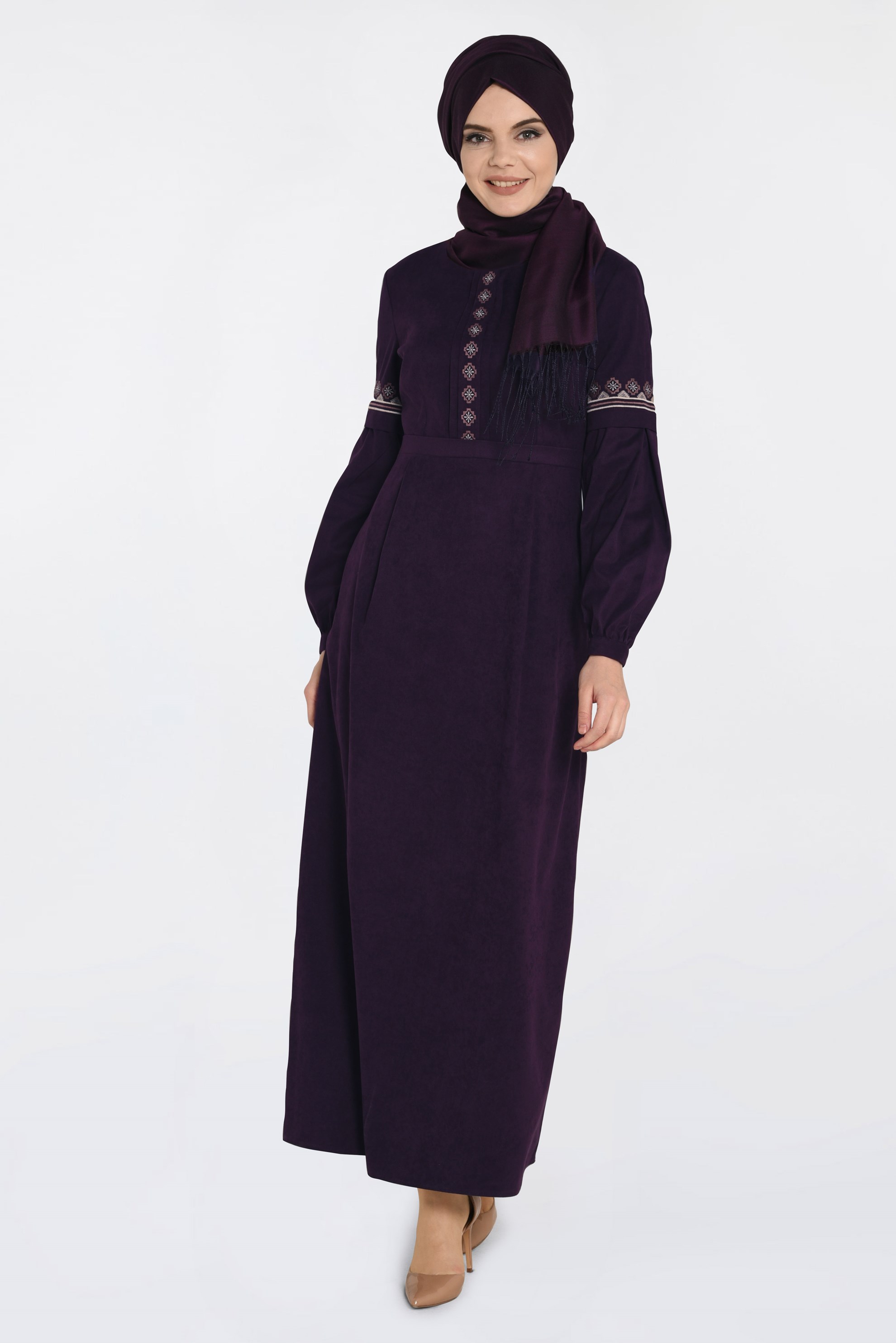 Tesettür giyim MOR İŞLEMELİ SÜET ELBİSE 4766 