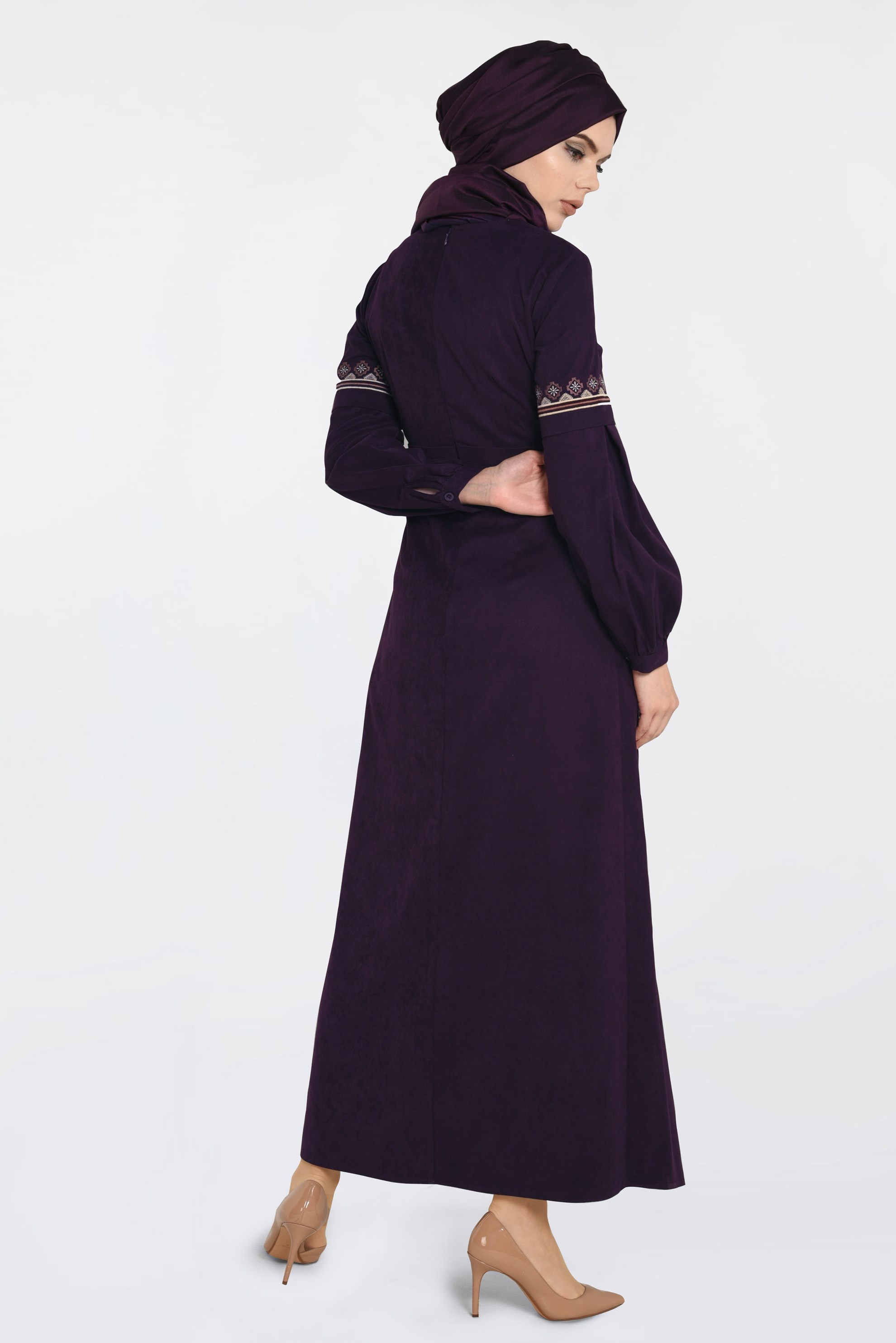 Tesettür giyim MOR İŞLEMELİ SÜET ELBİSE 4766 