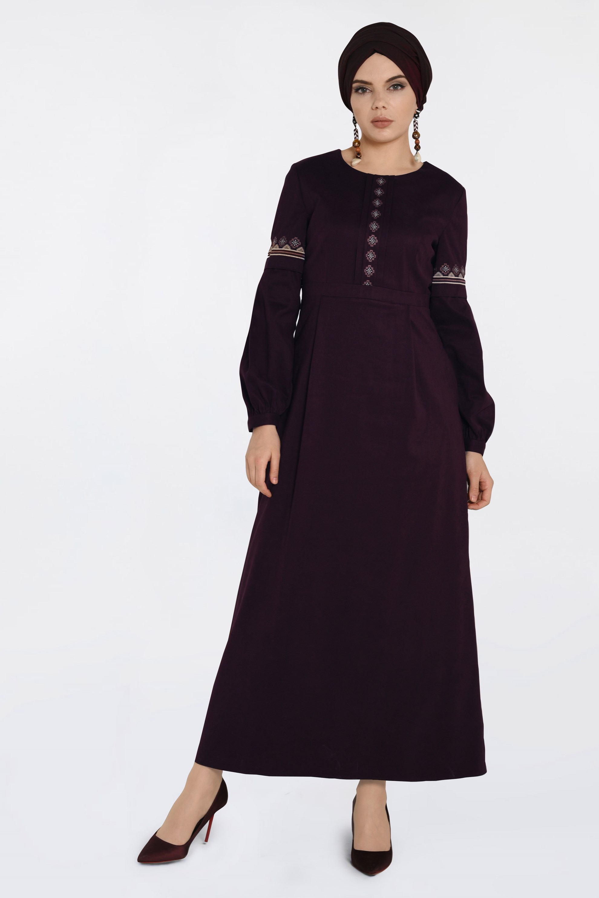 Tesettür giyim BORDO İŞLEMELİ SÜET ELBİSE 4766 