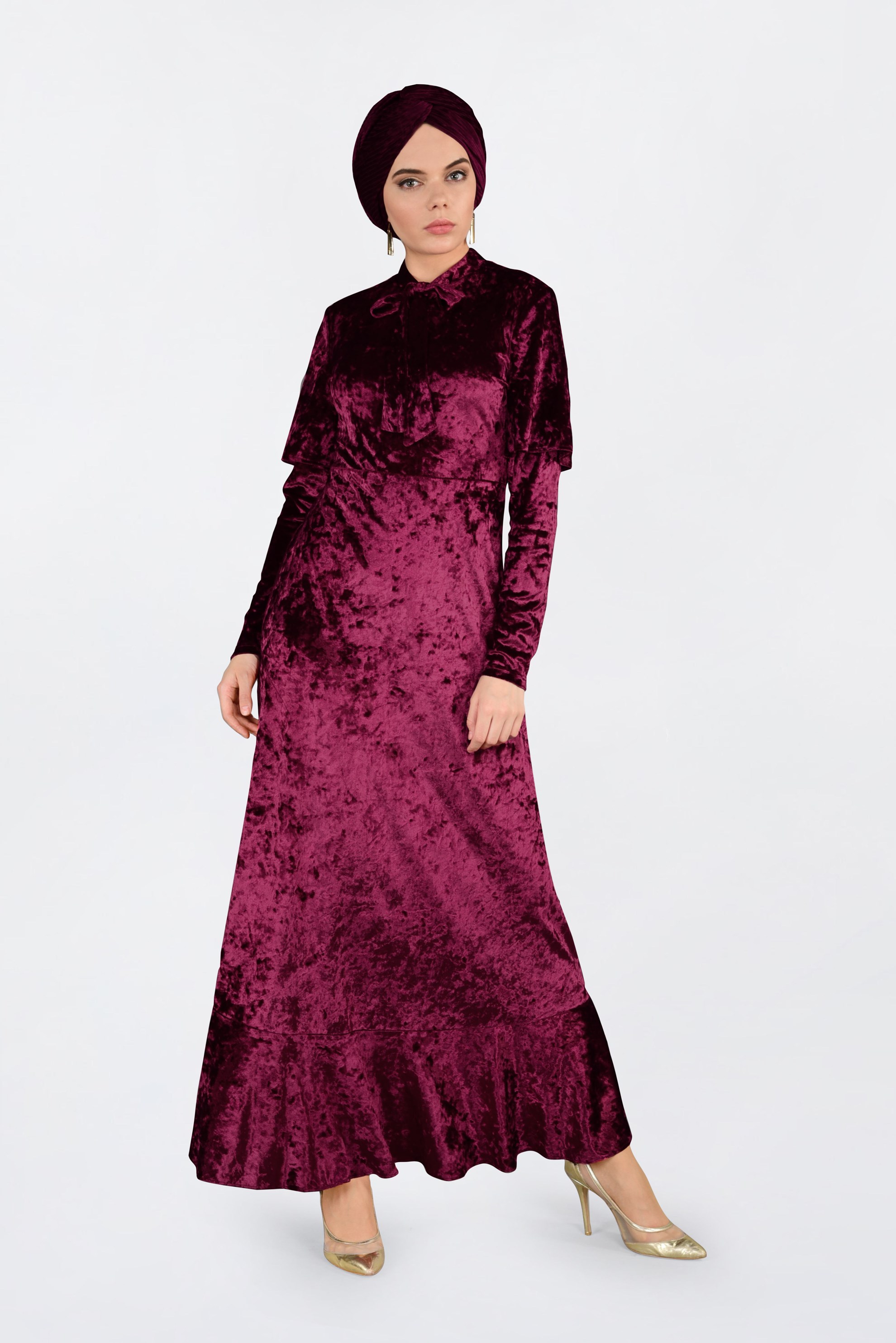Tesettür giyim BORDO KADİFE ELBİSE 4784