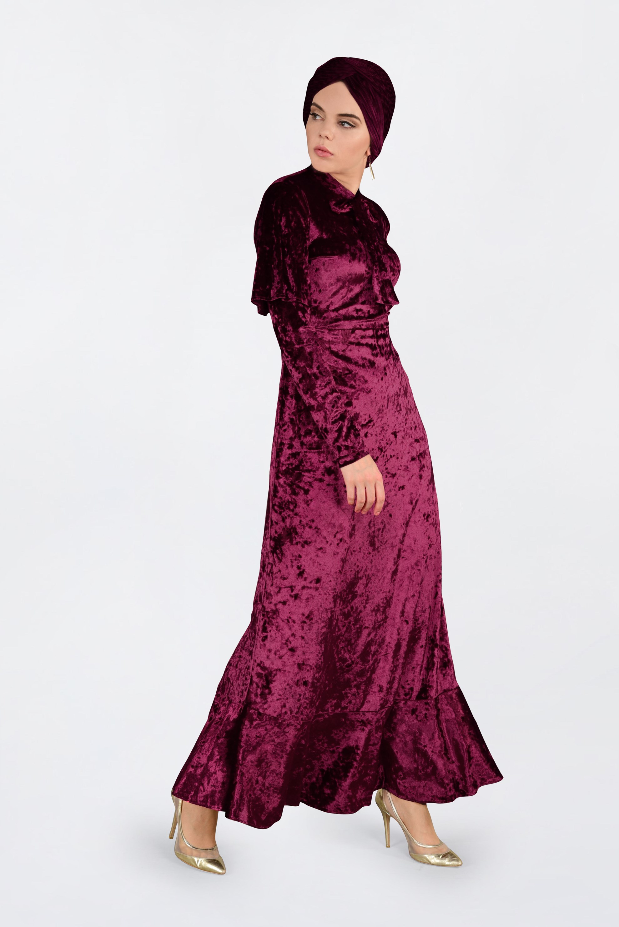 Tesettür giyim BORDO KADİFE ELBİSE 4784