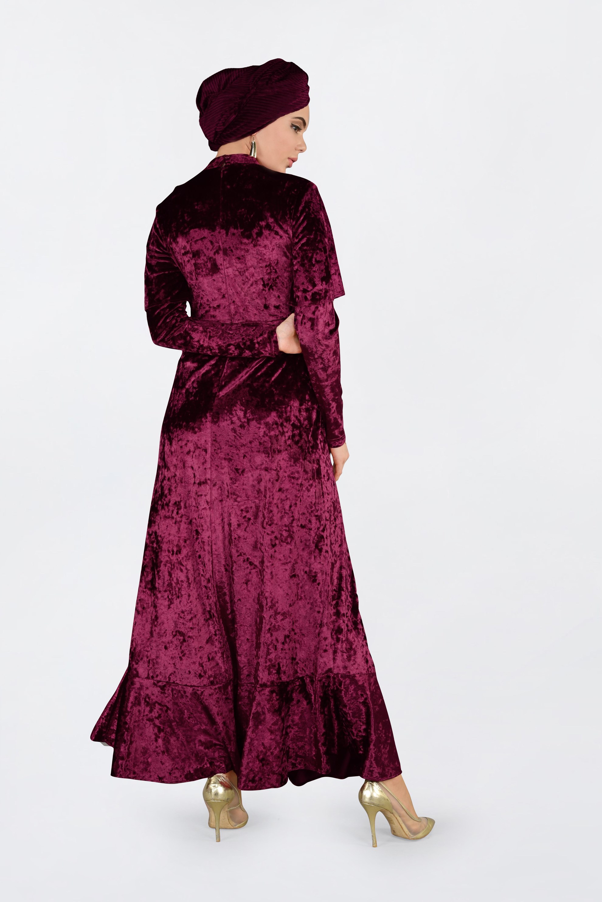 Tesettür giyim BORDO KADİFE ELBİSE 4784