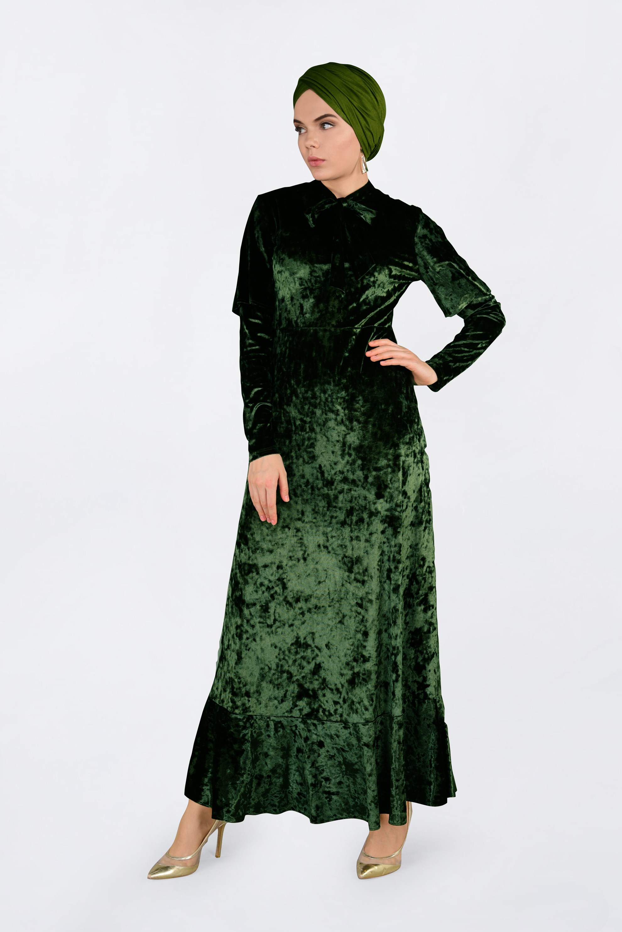 Tesettür giyim HAKİ KADİFE ELBİSE 4784