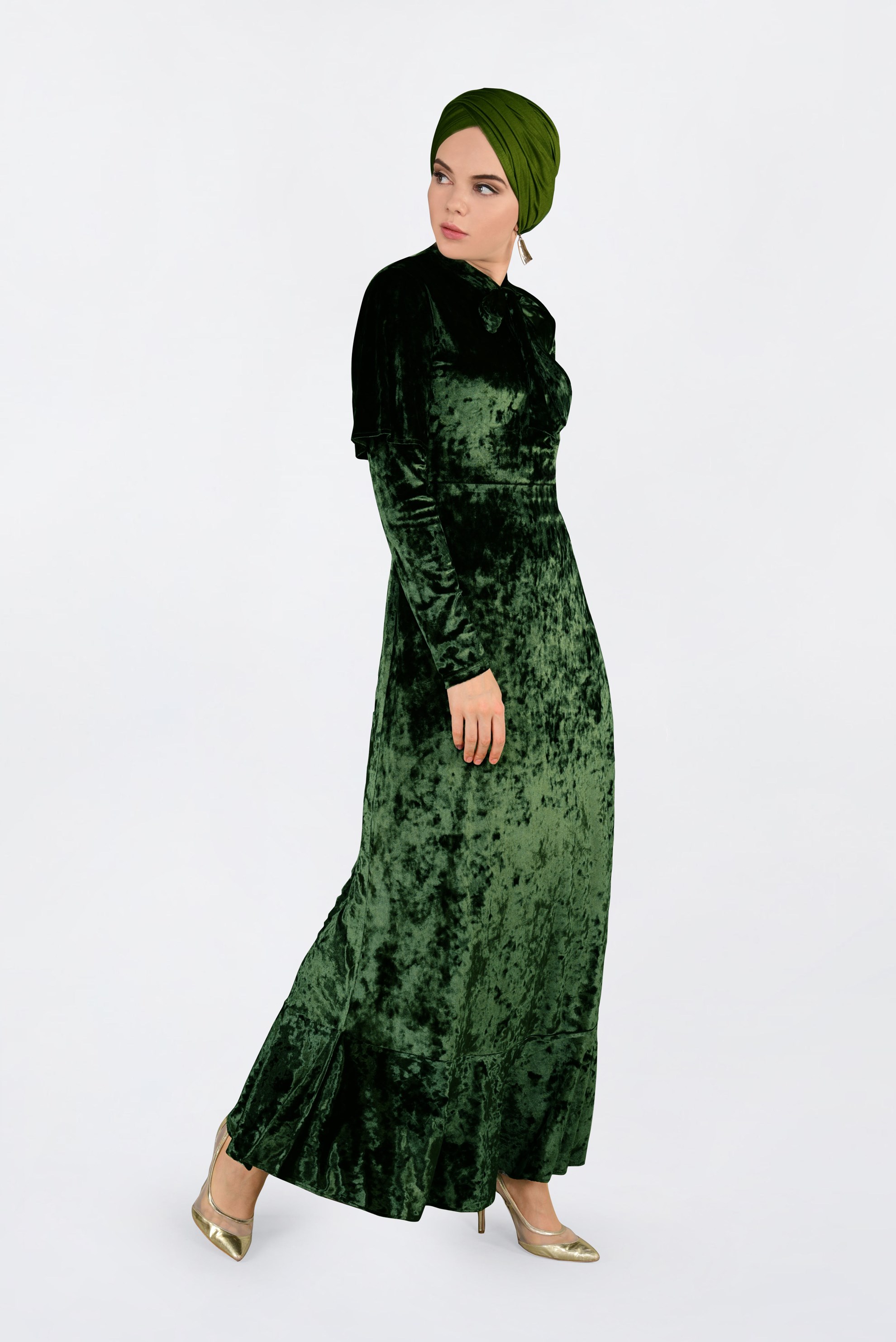 Tesettür giyim HAKİ KADİFE ELBİSE 4784